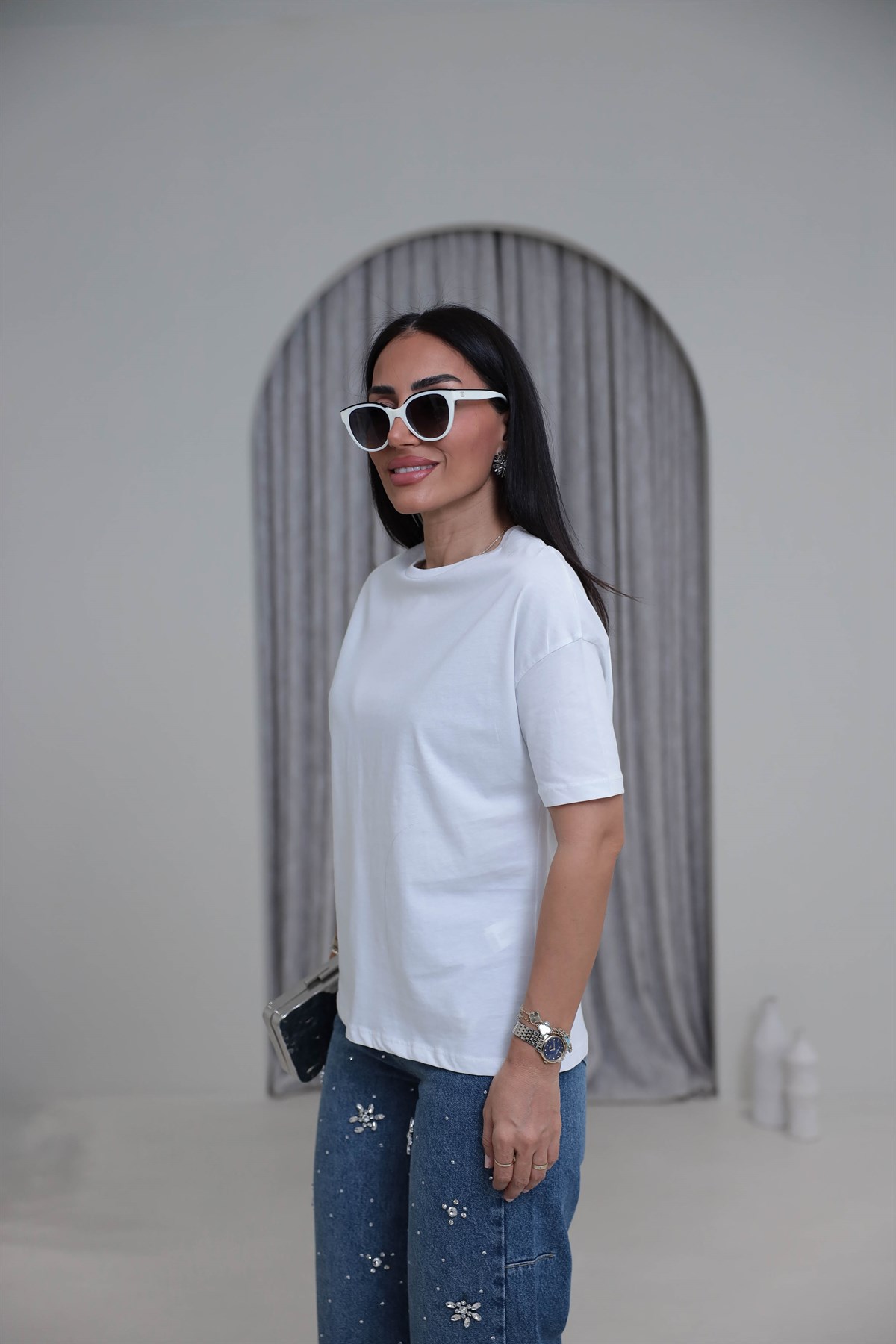 3683Y Bisiklet Yaka Pamuklu Basic Tshirt BEYAZ