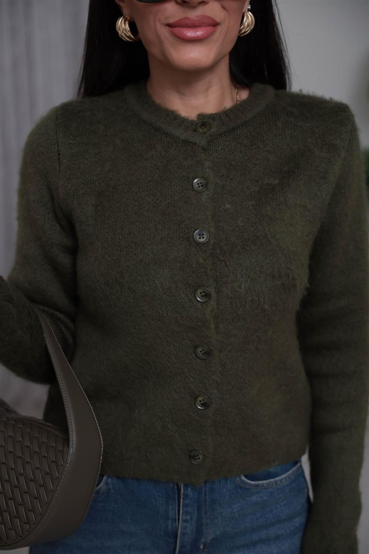 0157 Bisiklet Yaka Düğmeli Yumoş Hırka YEŞİL