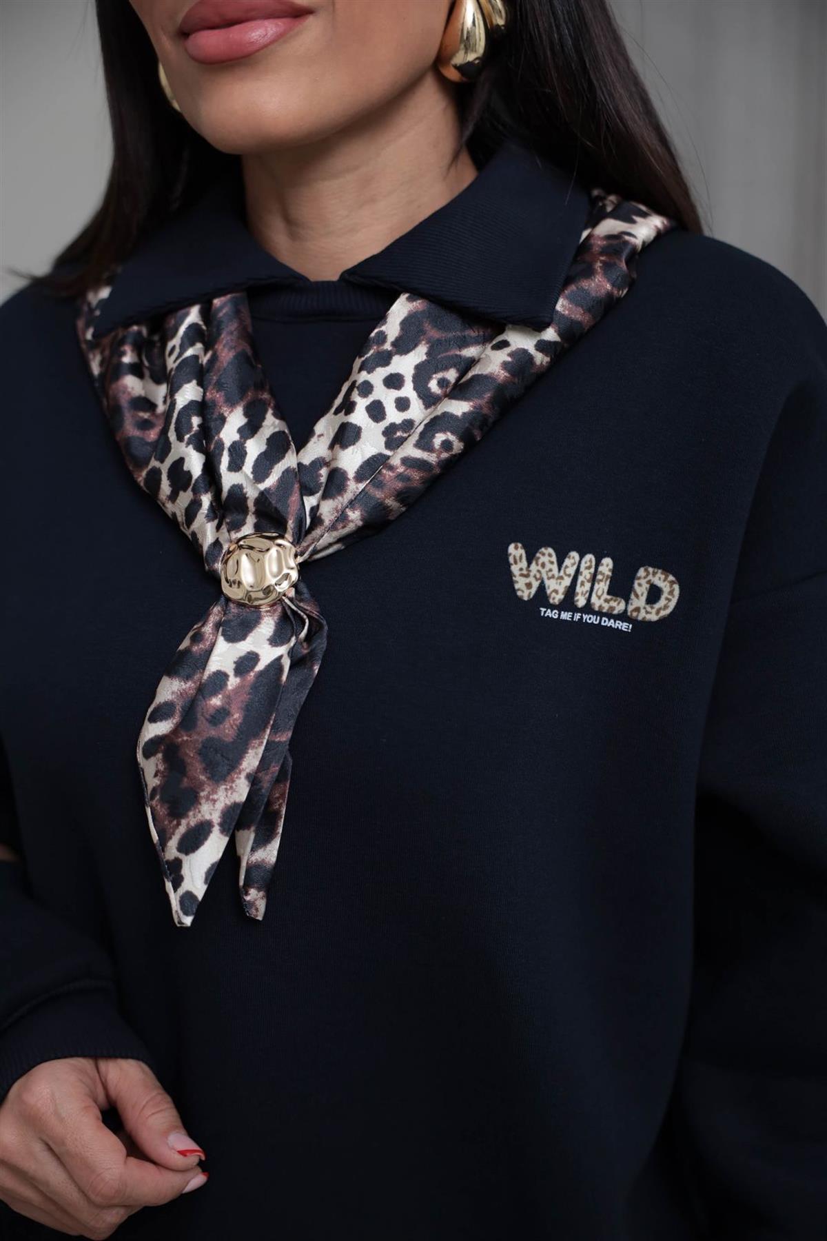 0613 Polo Yaka Fular Detaylı Şardonlu Sweatshirt LACİVERT