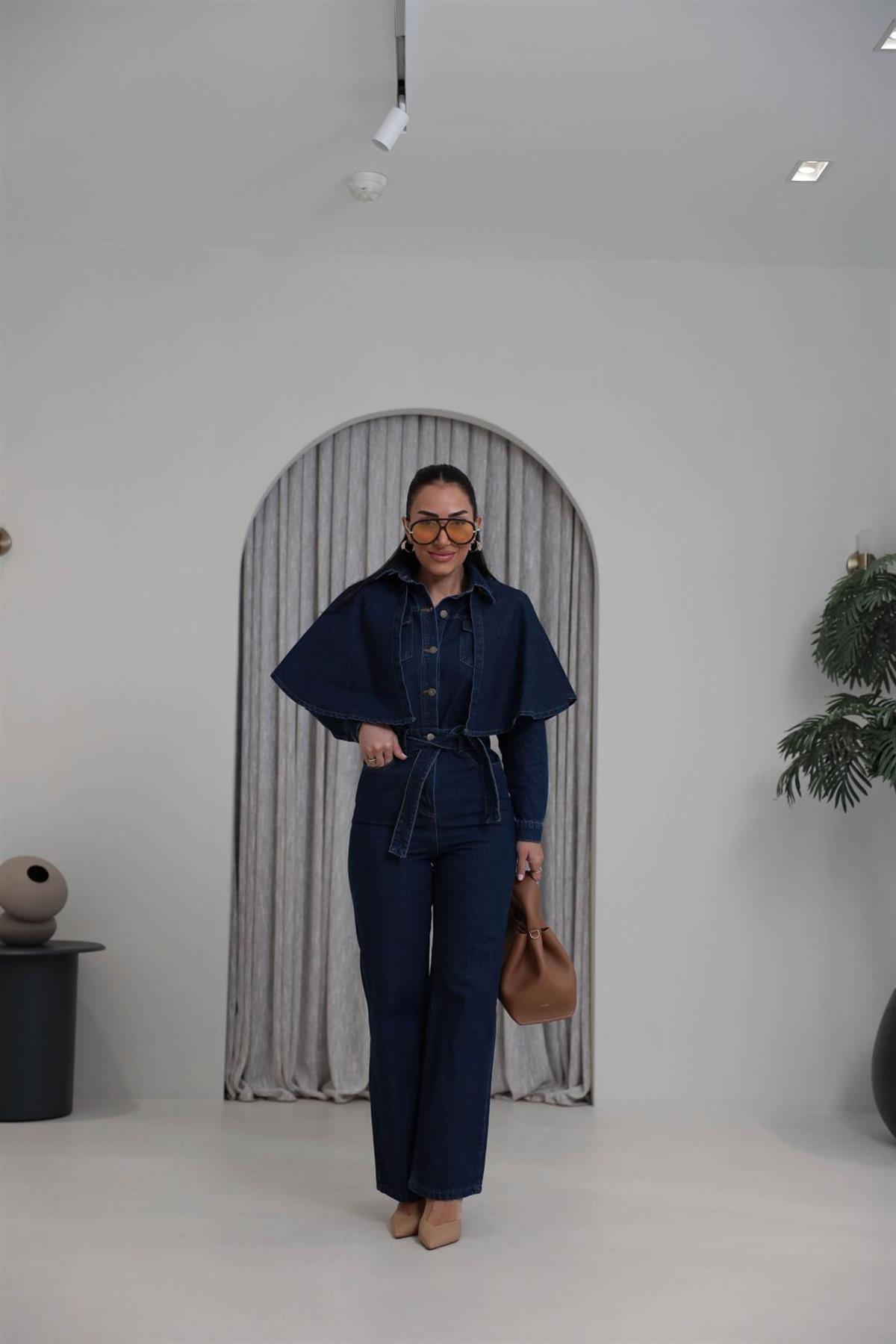 Pelerin Detaylı Kuşaklı Denim Tulum LACİVERT