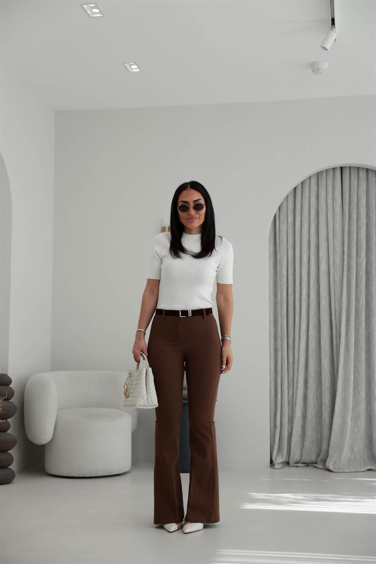 7142 Likralı Kemerli Gabardin İspanyol Pantolon TABA