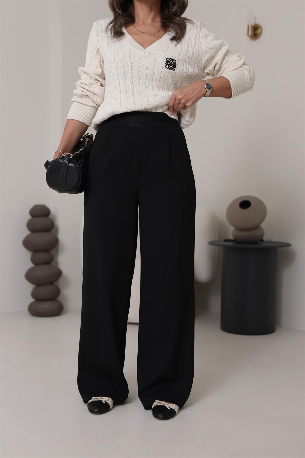 6426 Kemeri Lastikli Rahat Kumaş Pantolon SİYAH