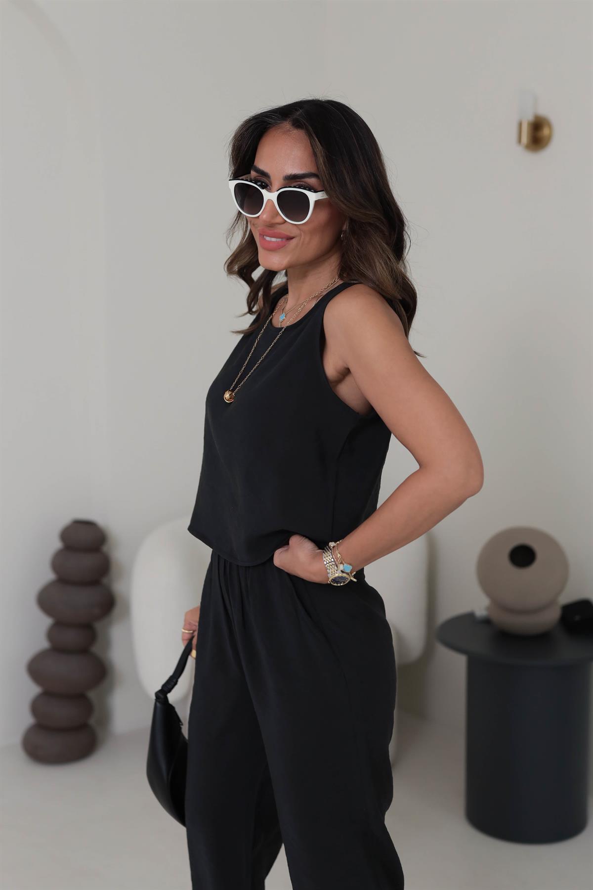 3089 Tencel Kumaş Kolsuz Takım SİYAH