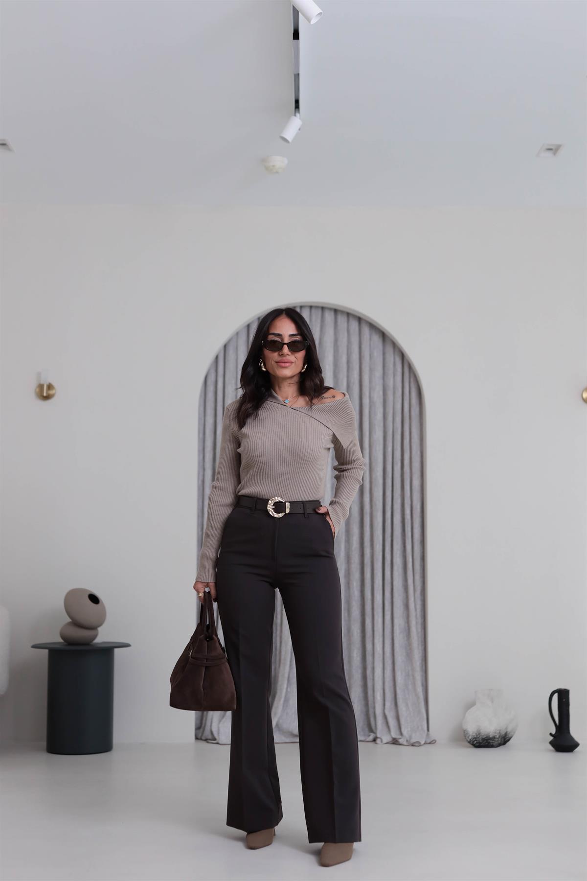 7038 Kemerli Kumaş Pantolon KOYU KAHVE