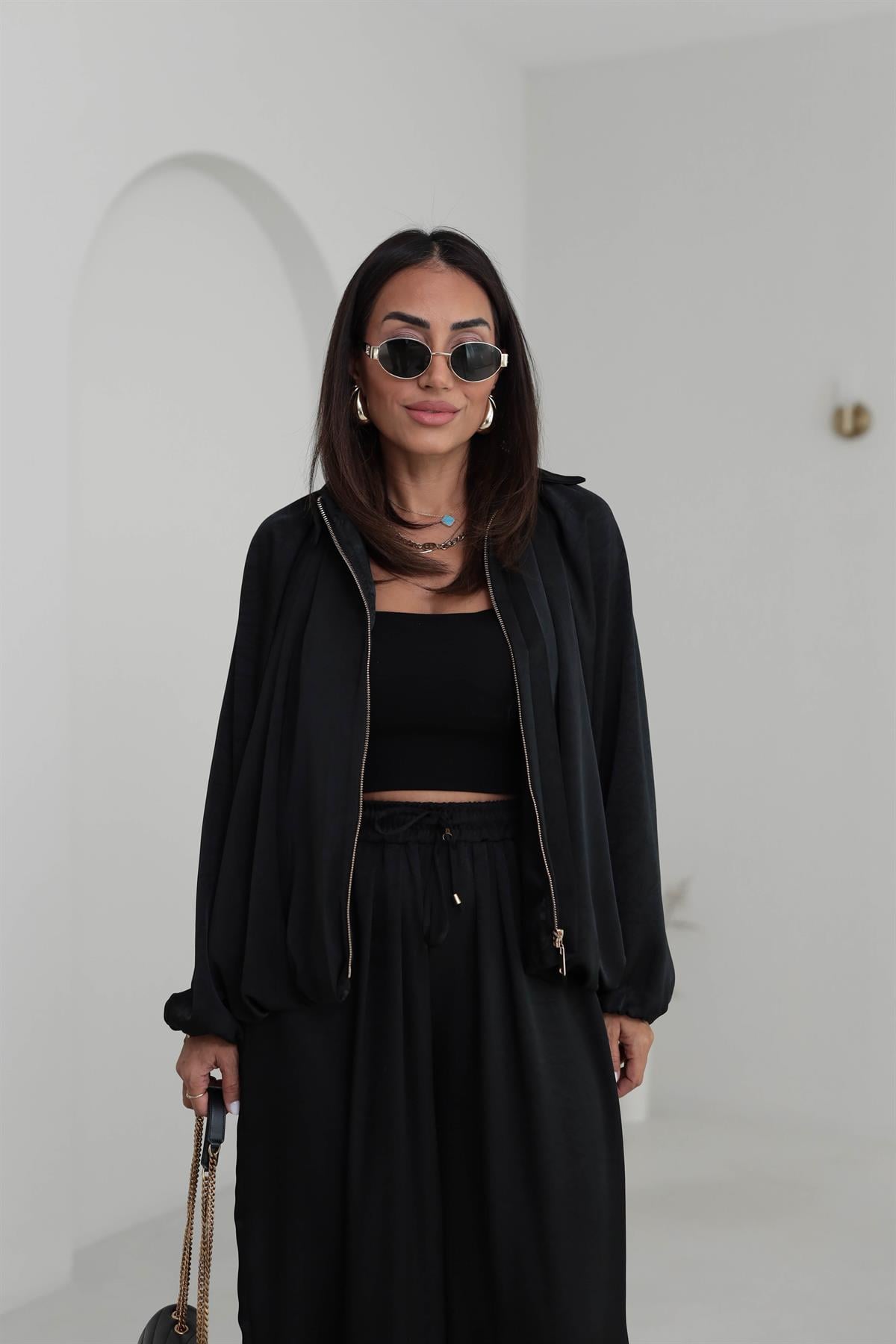 9584 Kendinden Desenli Saten Bomber Ceket SİYAH