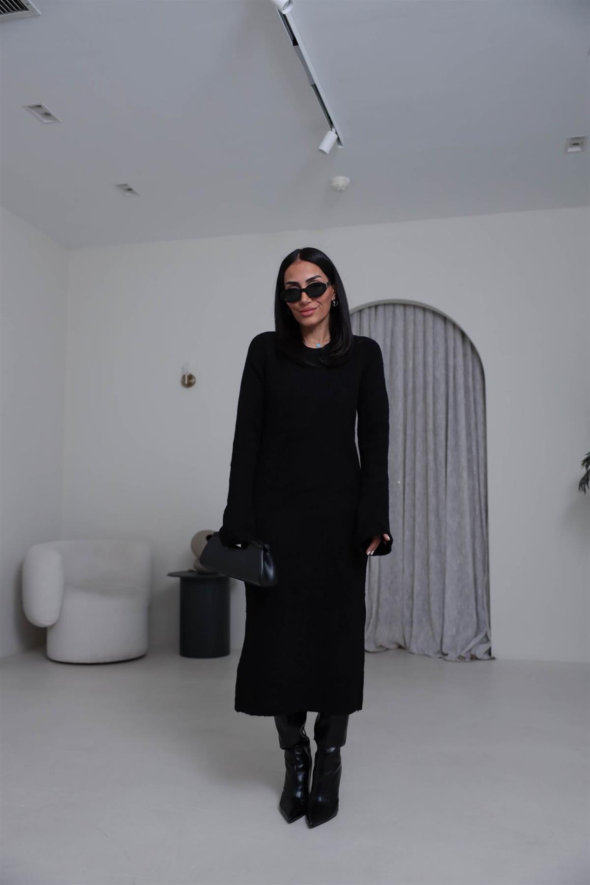 5137 Selanik Örgü Uzun Triko Elbise SİYAH