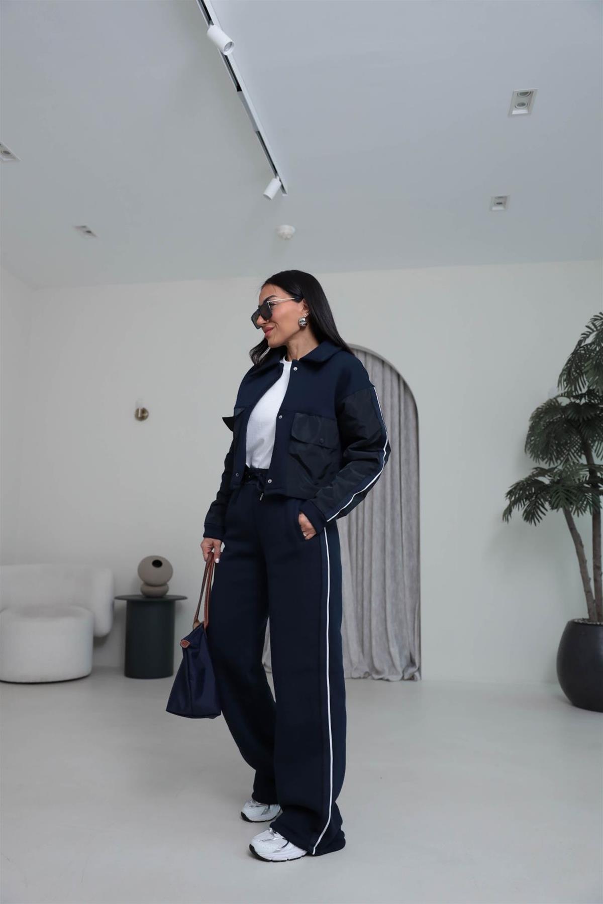 4076 Paraşüt Garnili 3 İplik Polo Yaka Çıtçıtlı Takım LACİVERT