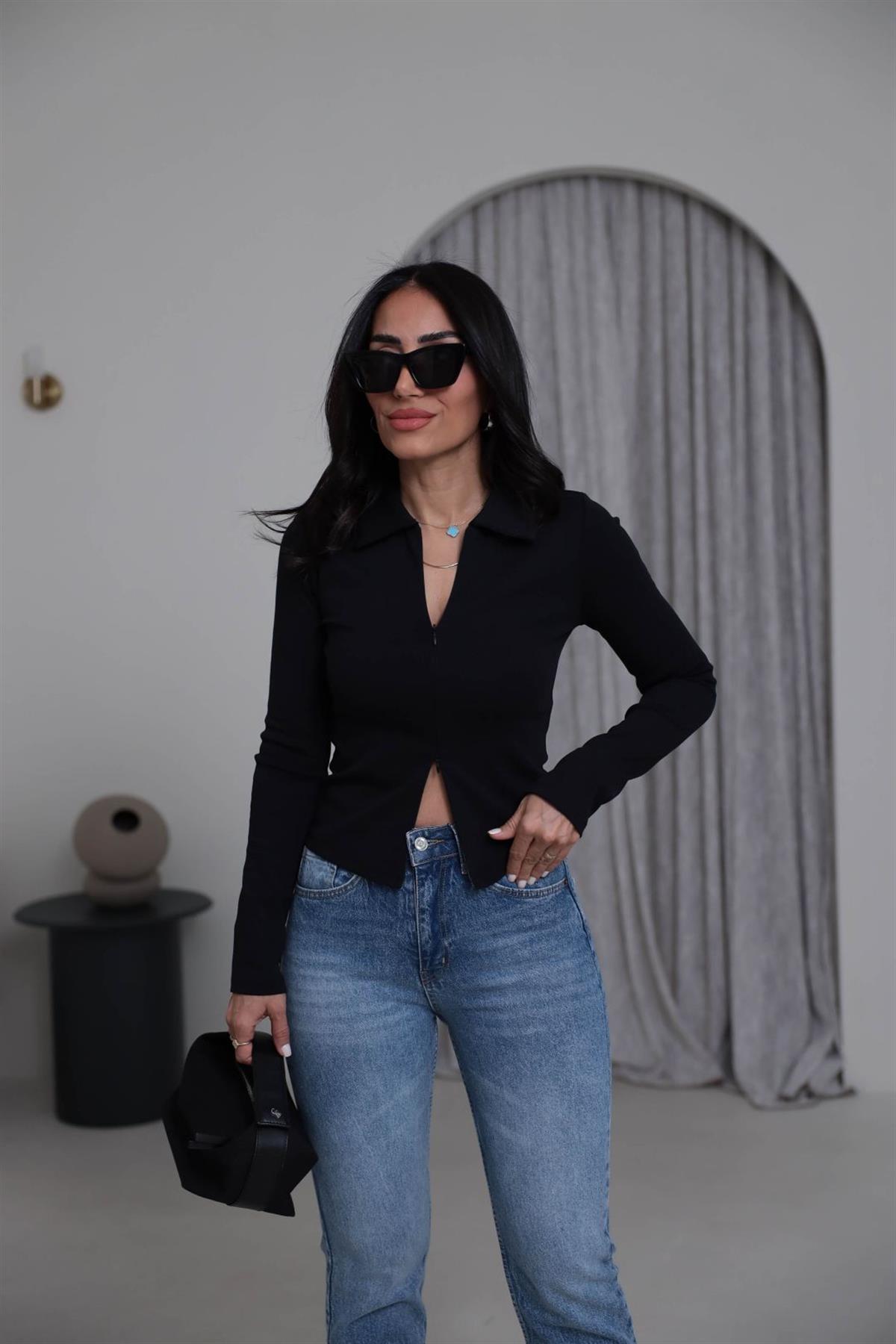 7246 Fermuar Detaylı Polo Yaka Bluz SİYAH