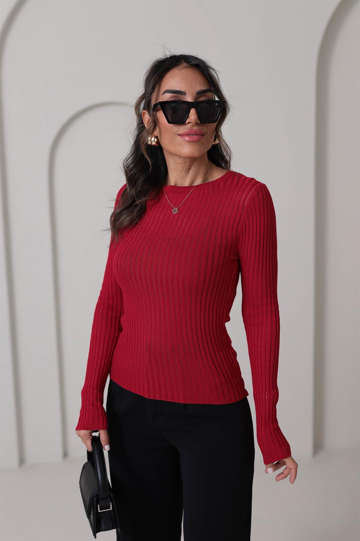 4107 Transparan Detaylı Triko Bluz KIRMIZI