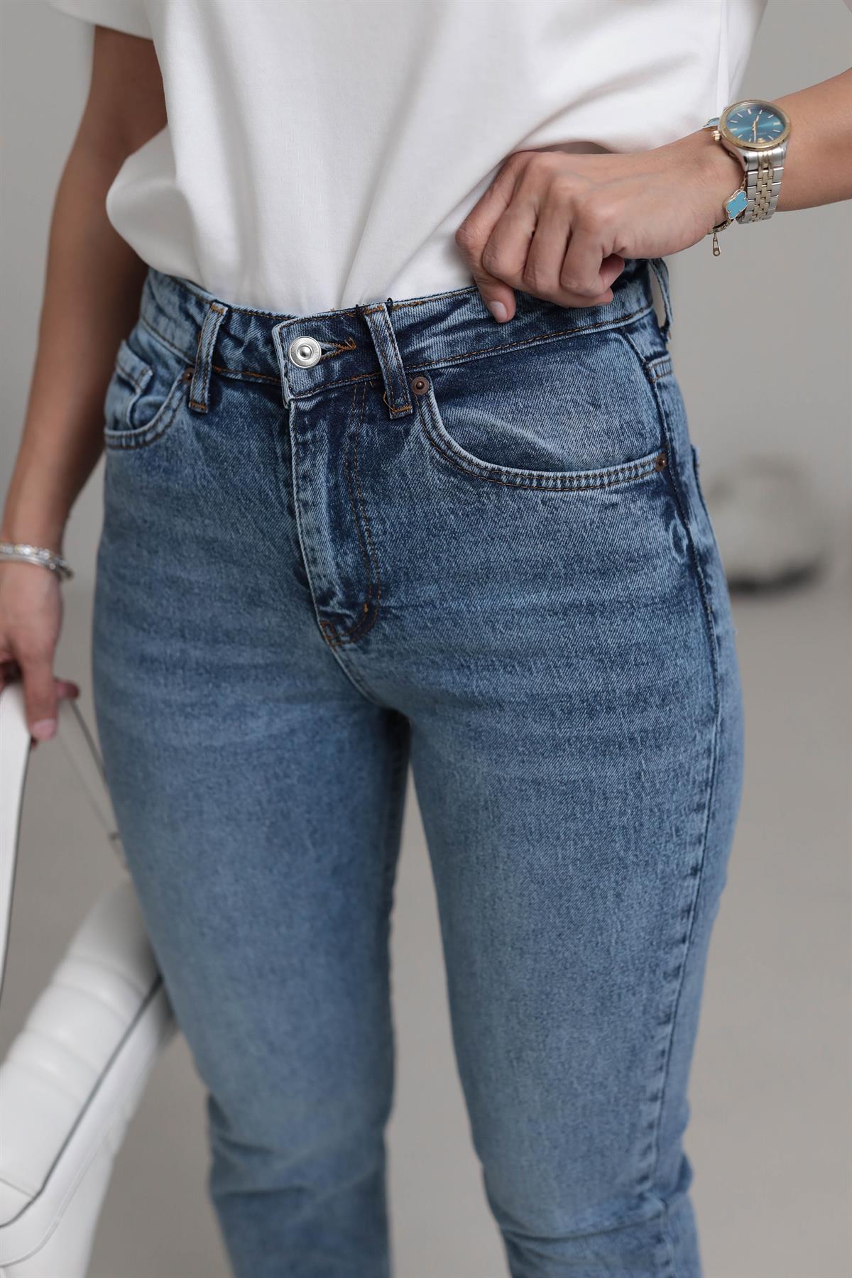 ZA Lazer Kesikli Boyfit Jean ORTA MAVİ