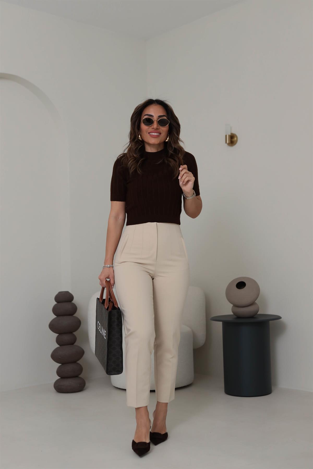 1240 Kısa Kollu Yumoş Dokulu Fitilli Triko Bluz ACI KAHVE