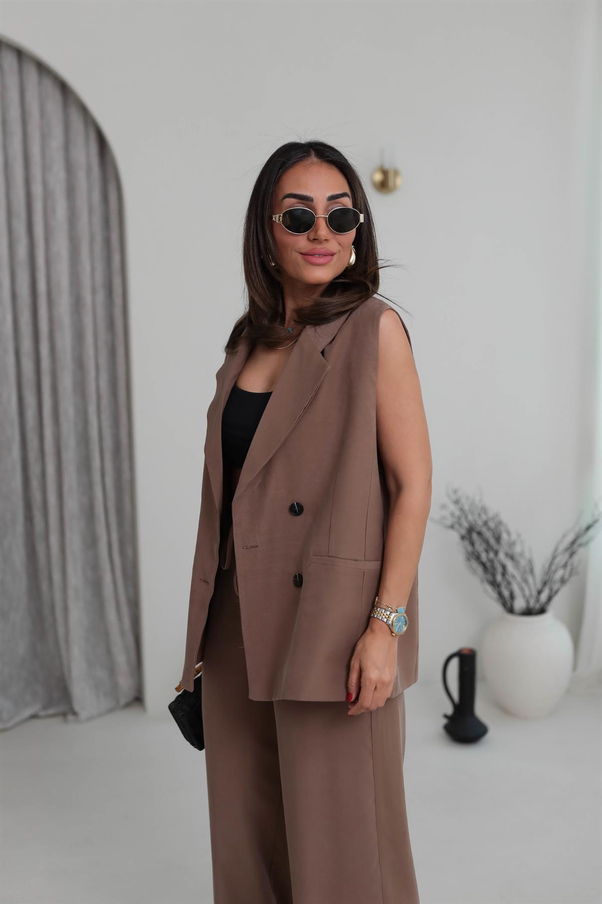 0382 Kruvaze Yaka Yelek Pantolon Tencel Takım KAHVE