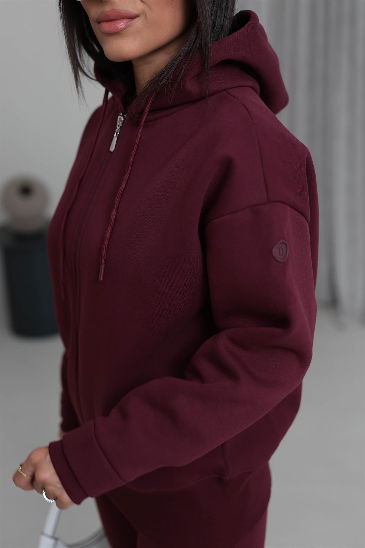 7316 Kapşonlu Fermuarlı Şardonlu Sweatshirt BORDO