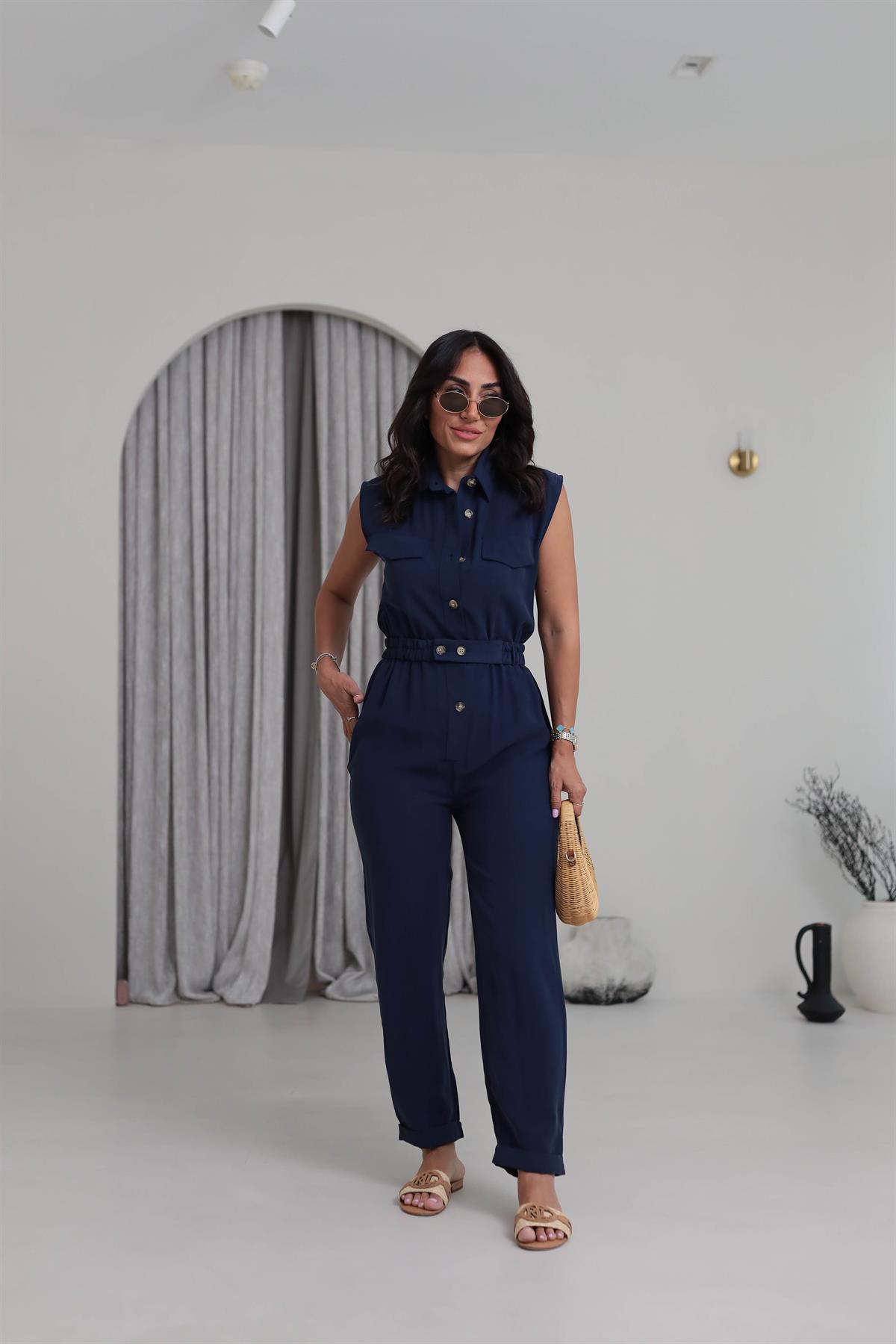 0107 Polo Yaka Kemerli Tencel Tulum LACİVERT