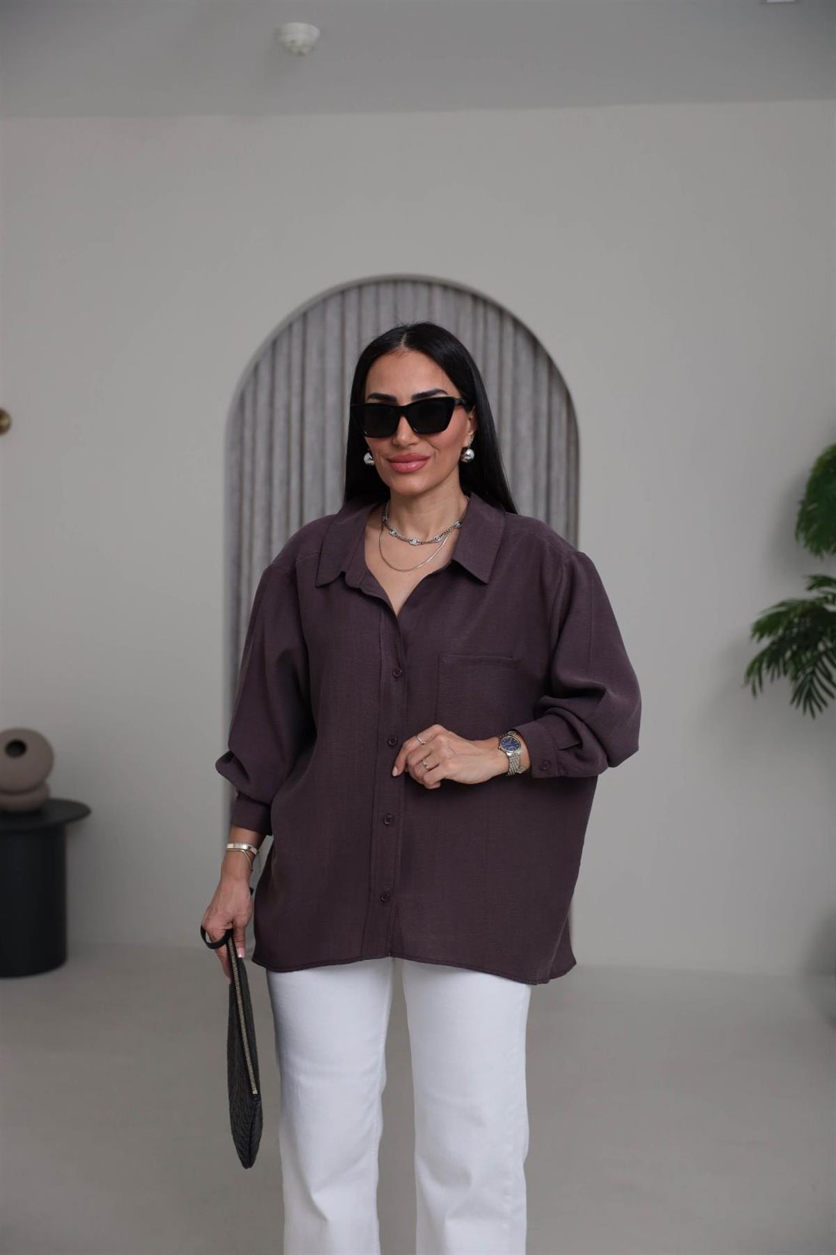 8454 Düşük Omuz Salaş Gömlek MÜRDÜM