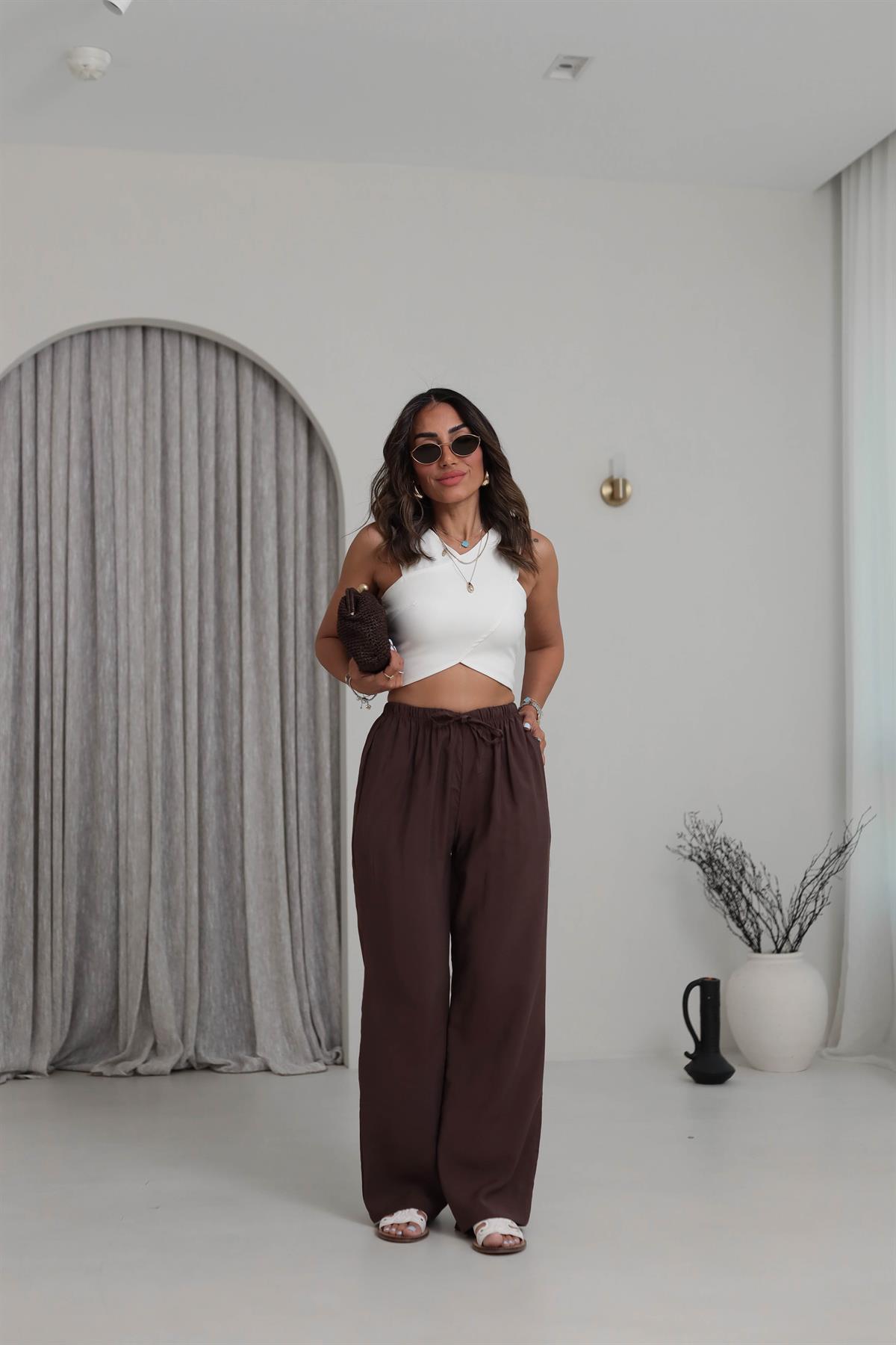 Beli Lastikli Bağcıklı Tencel Pantolon KAHVE