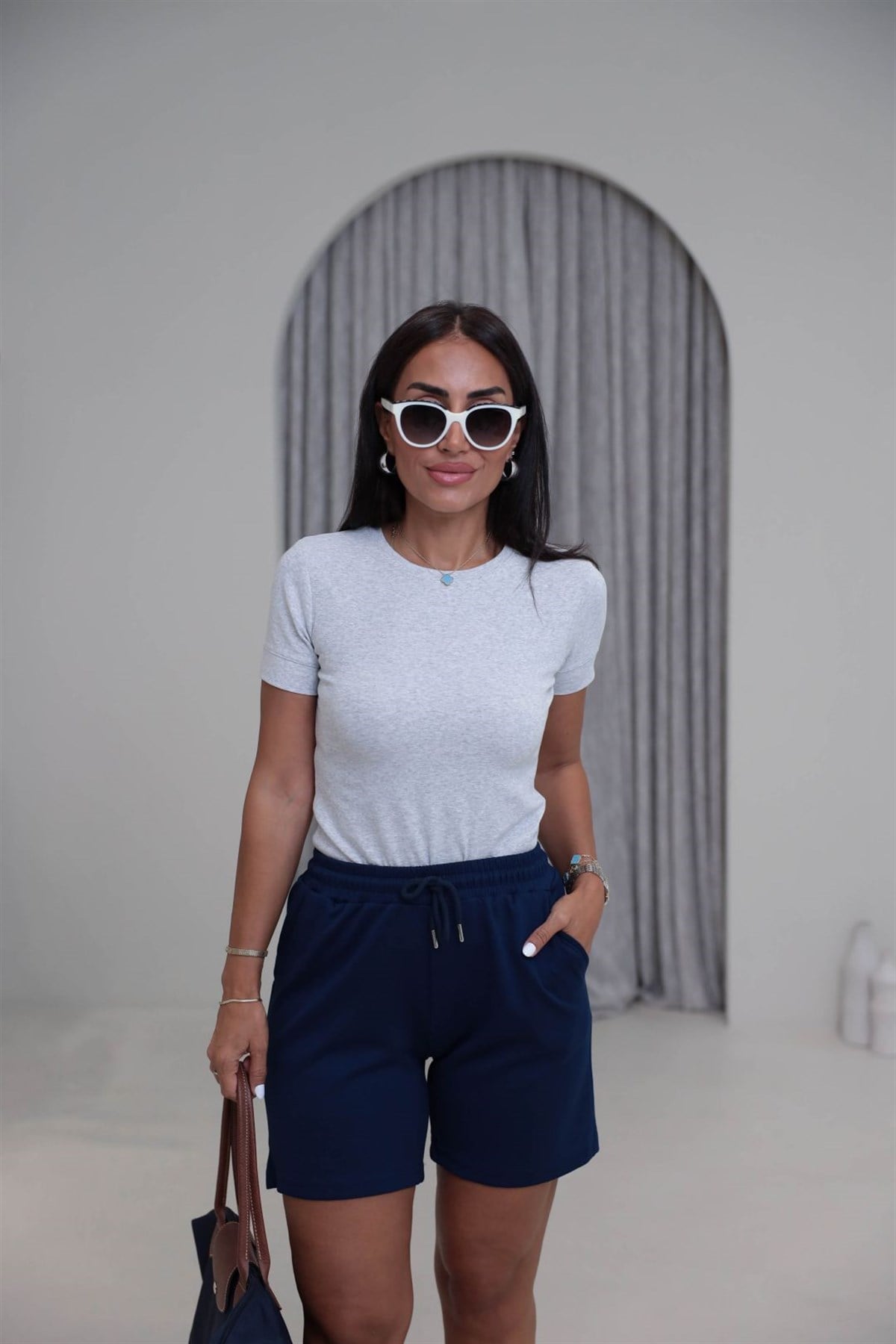 2637 Kol Ribanalı Bisiklet Yaka Tshirt GRİ