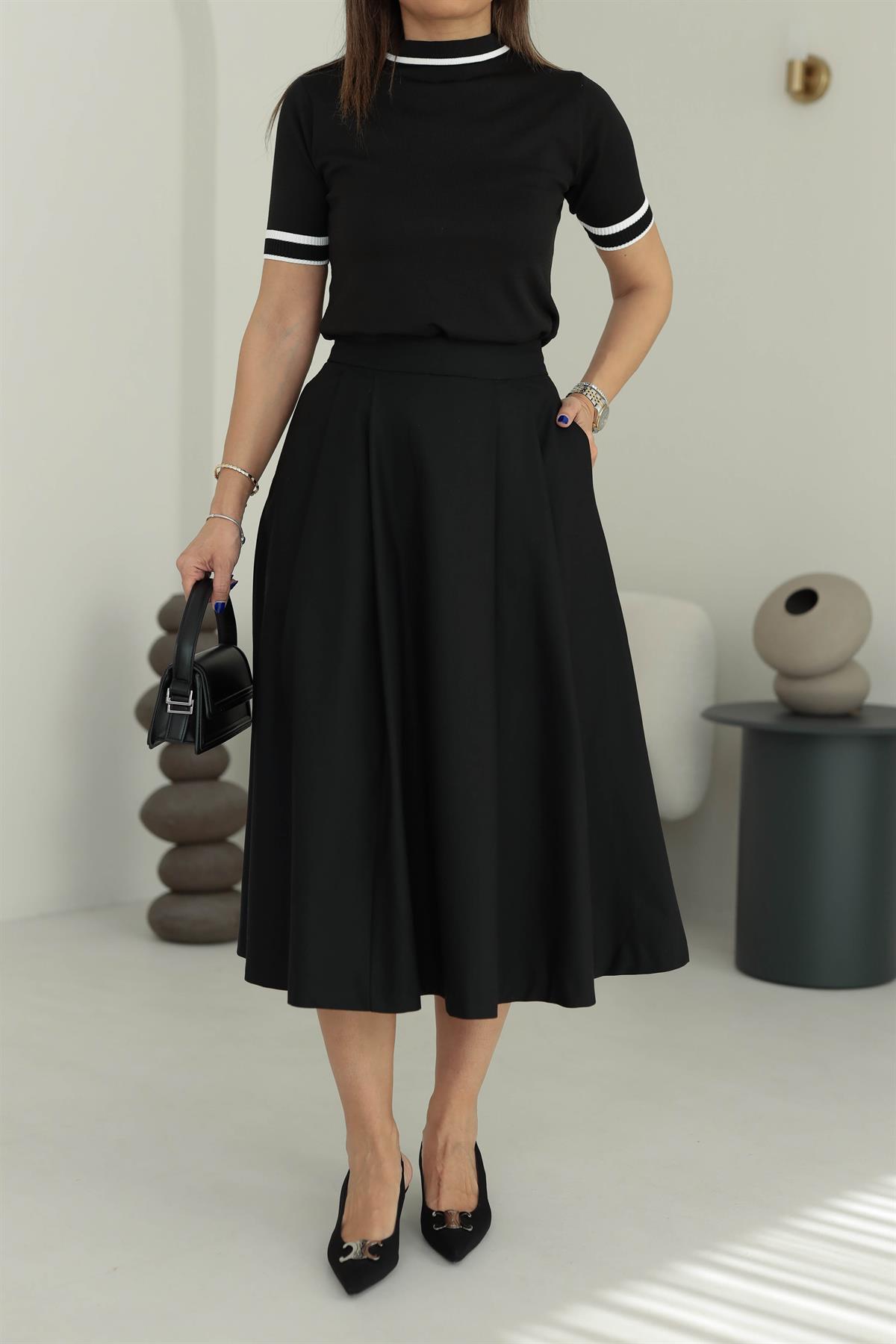 5152K Kloş Midi Etek SİYAH