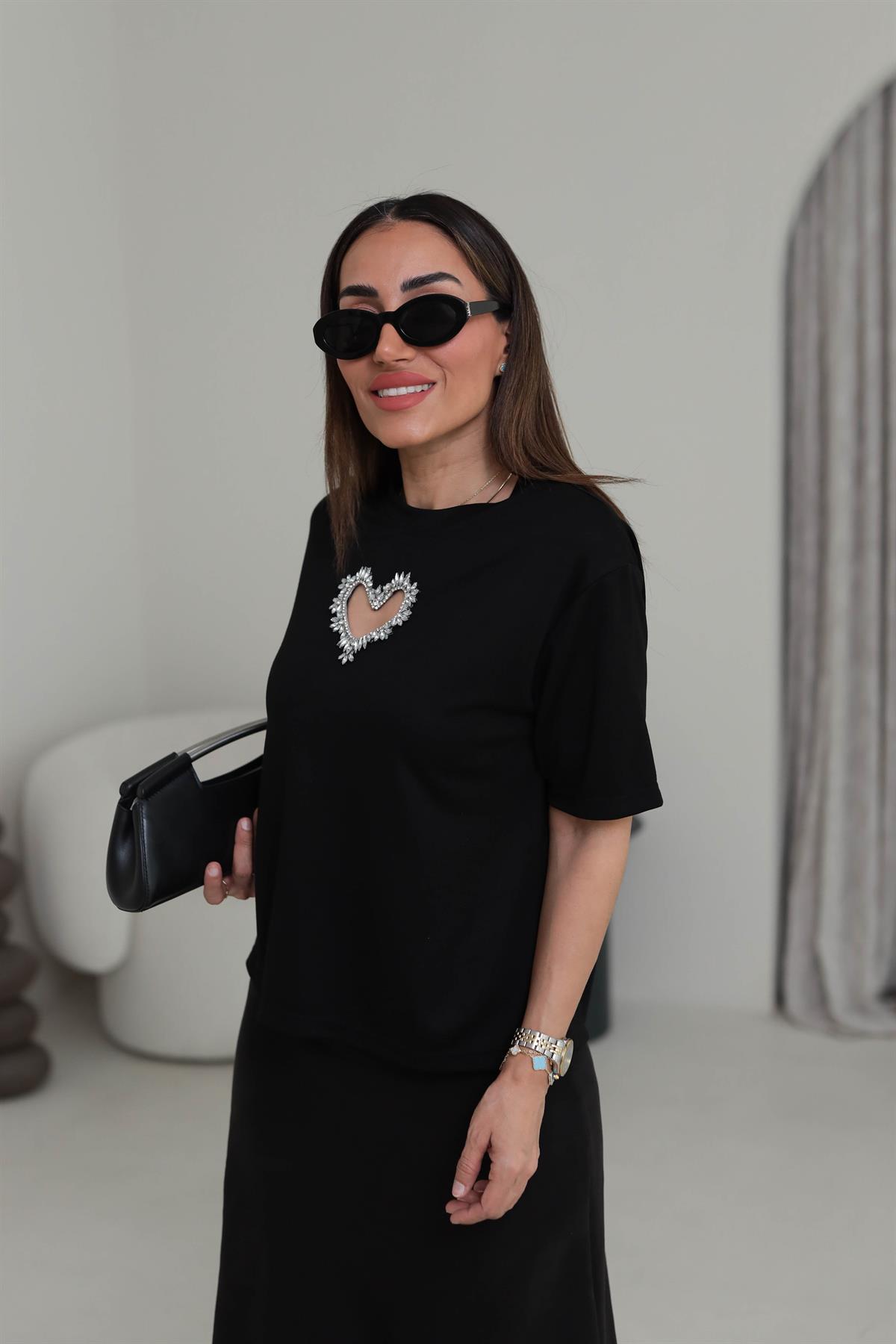 8111 Kalp Dekolteli Taşlı Modal Tshirt SİYAH