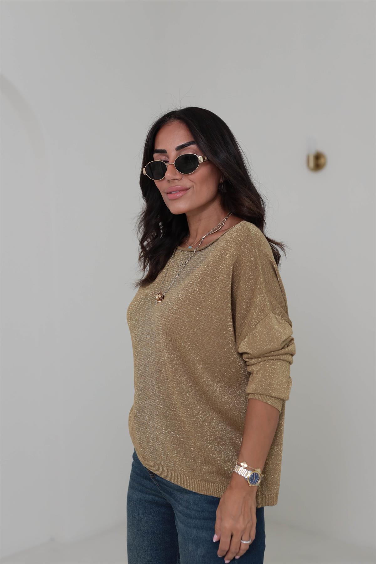 1092 Kayık Yaka Simli Triko Bluz GOLD