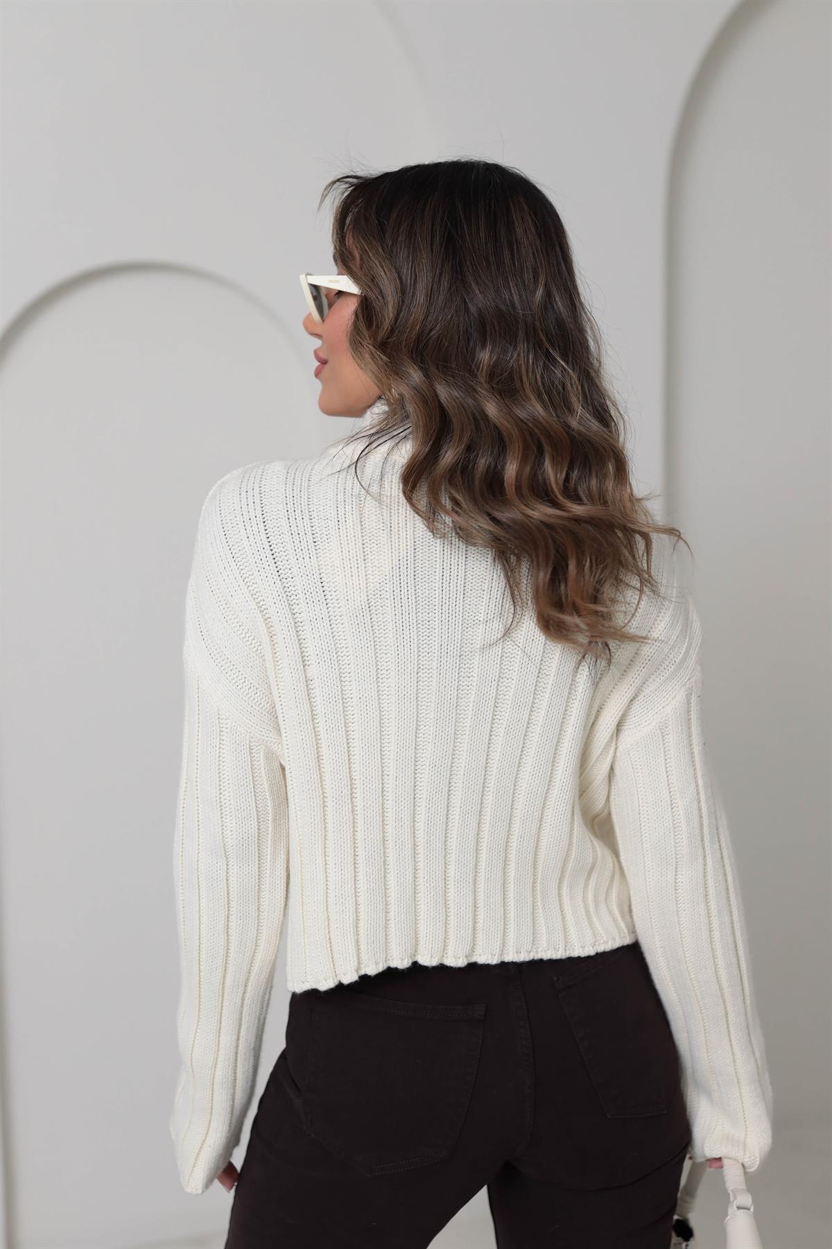 4370 Fitilli Ve Fermuarlı Hırka KREM