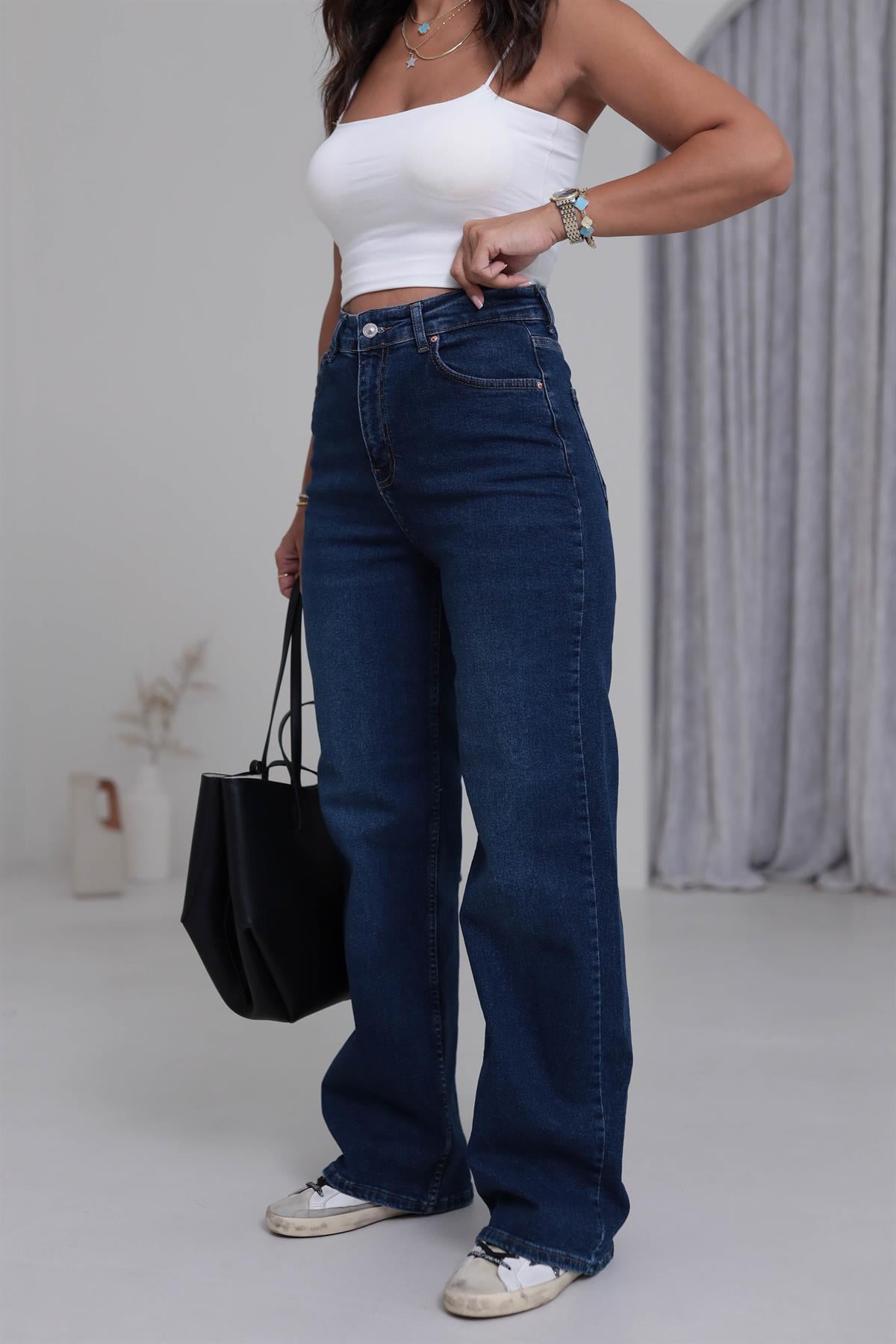 1071 Yüksek Bel Dökümlü Palazzo Jean KOYU MAVİ