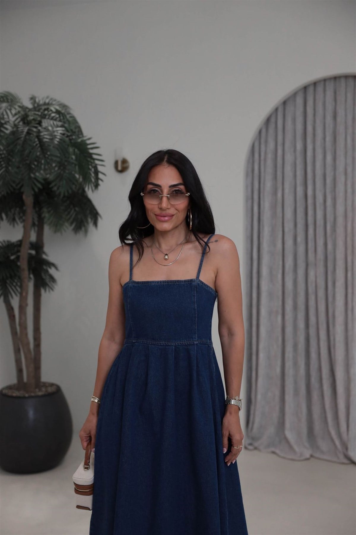 811 İp Askılı Denim Elbise KOYU MAVİ