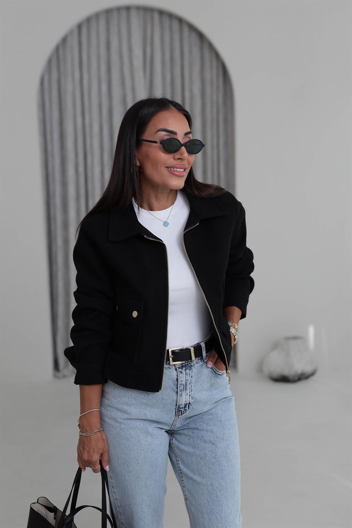 2470 Gold Detaylı Kaşe Ceket SİYAH