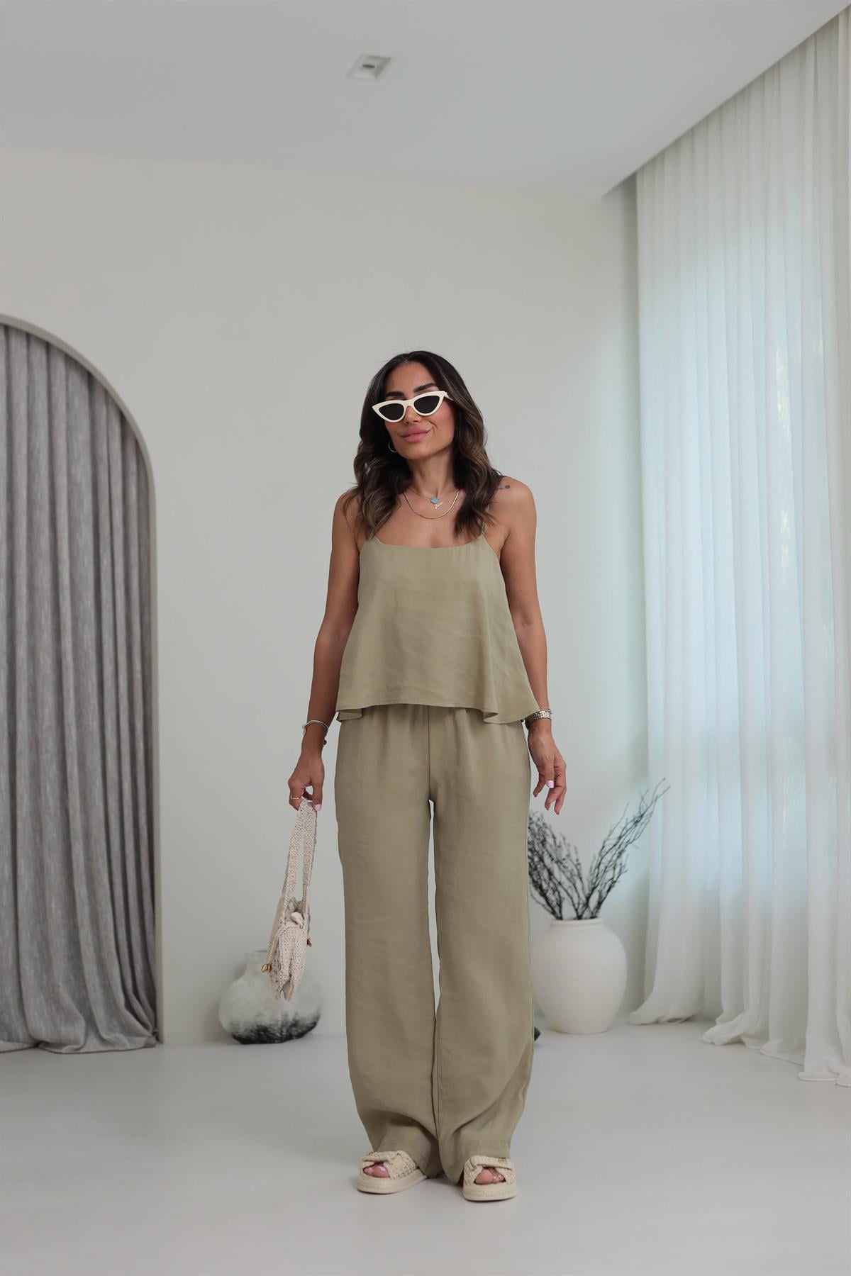 0455 İp Askılı Tencel Kumaş Takım HAKİ YEŞİL