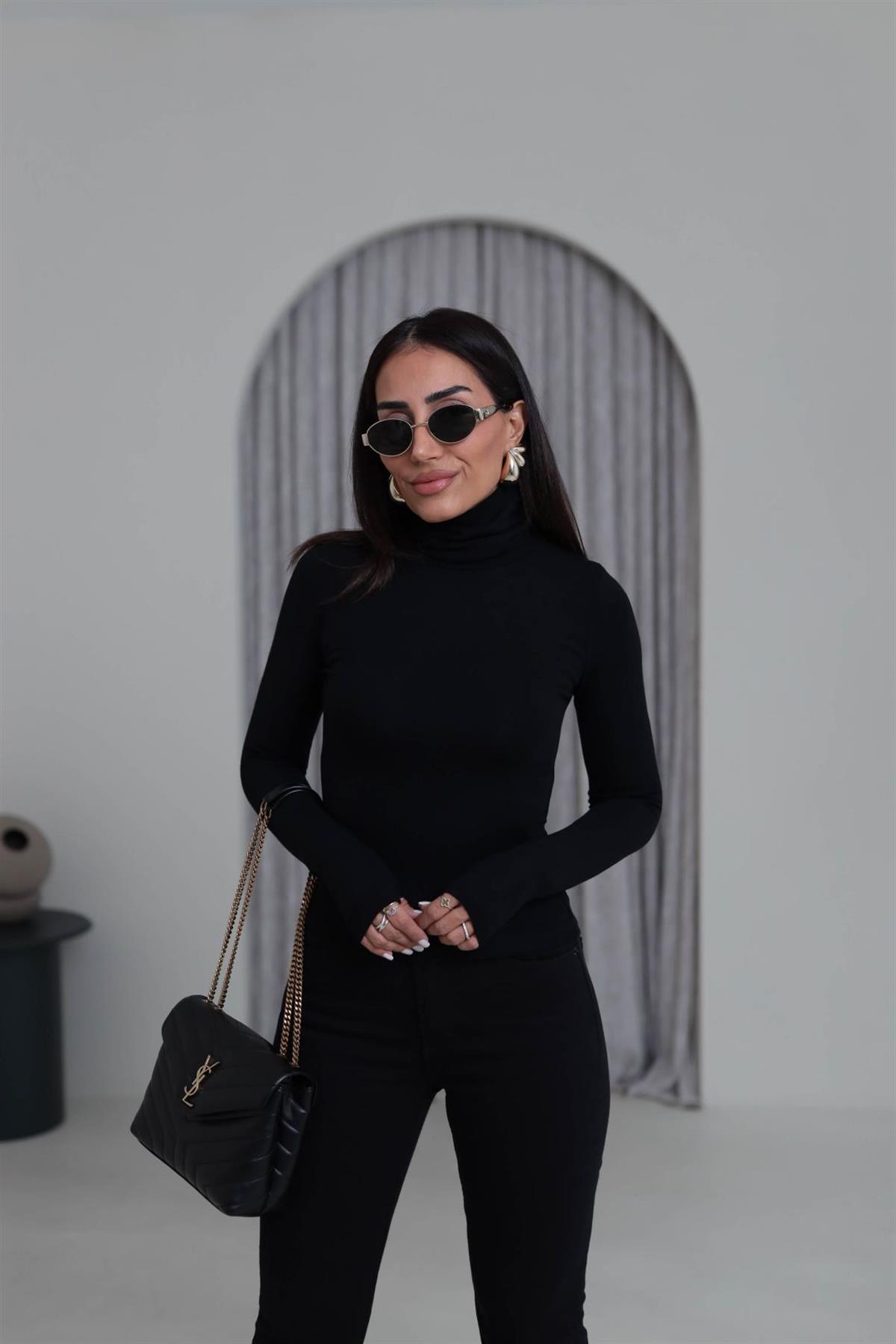 1710 Kolu Yırtmaçlı Balıkçı Yaka Bluz SİYAH