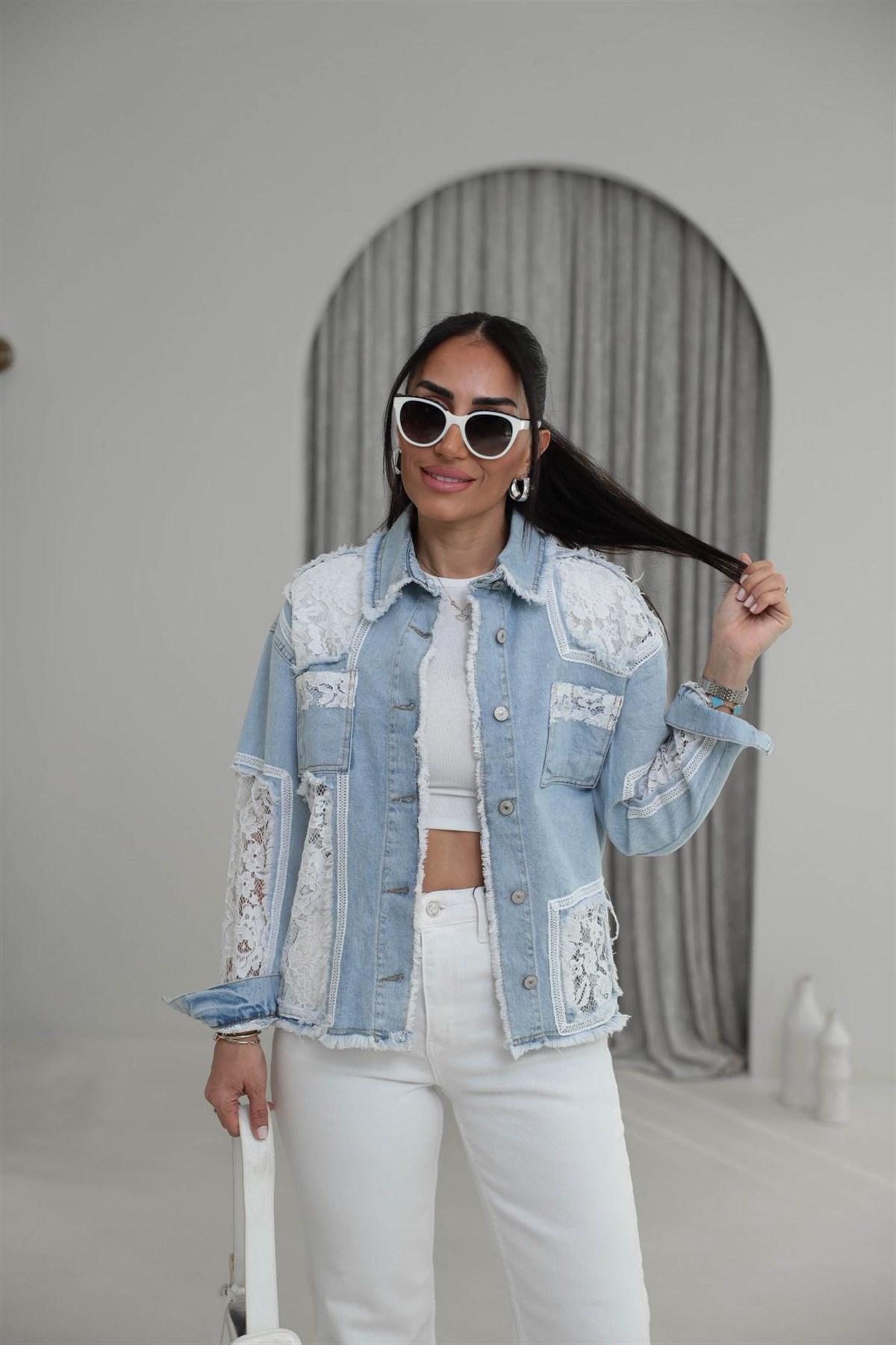 2881 Dantel Garnili Püsküllü Kot Ceket BUZ MAVİ