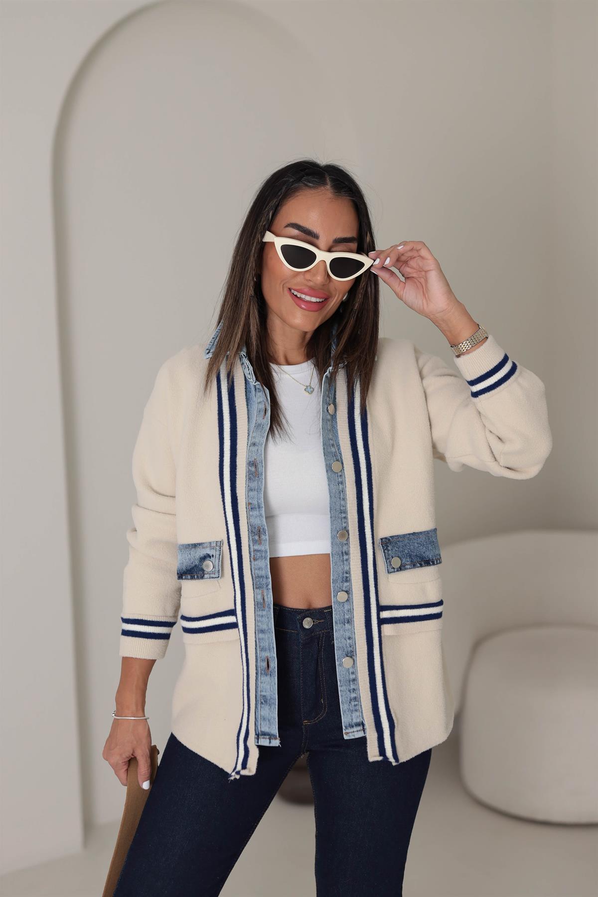 4587 Kot Garnili Çizgi Cep Detay Hırka