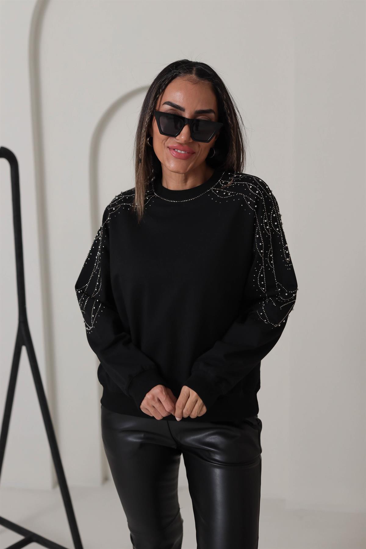 5305 Kolları Taş İşlemeli Sweatshirt