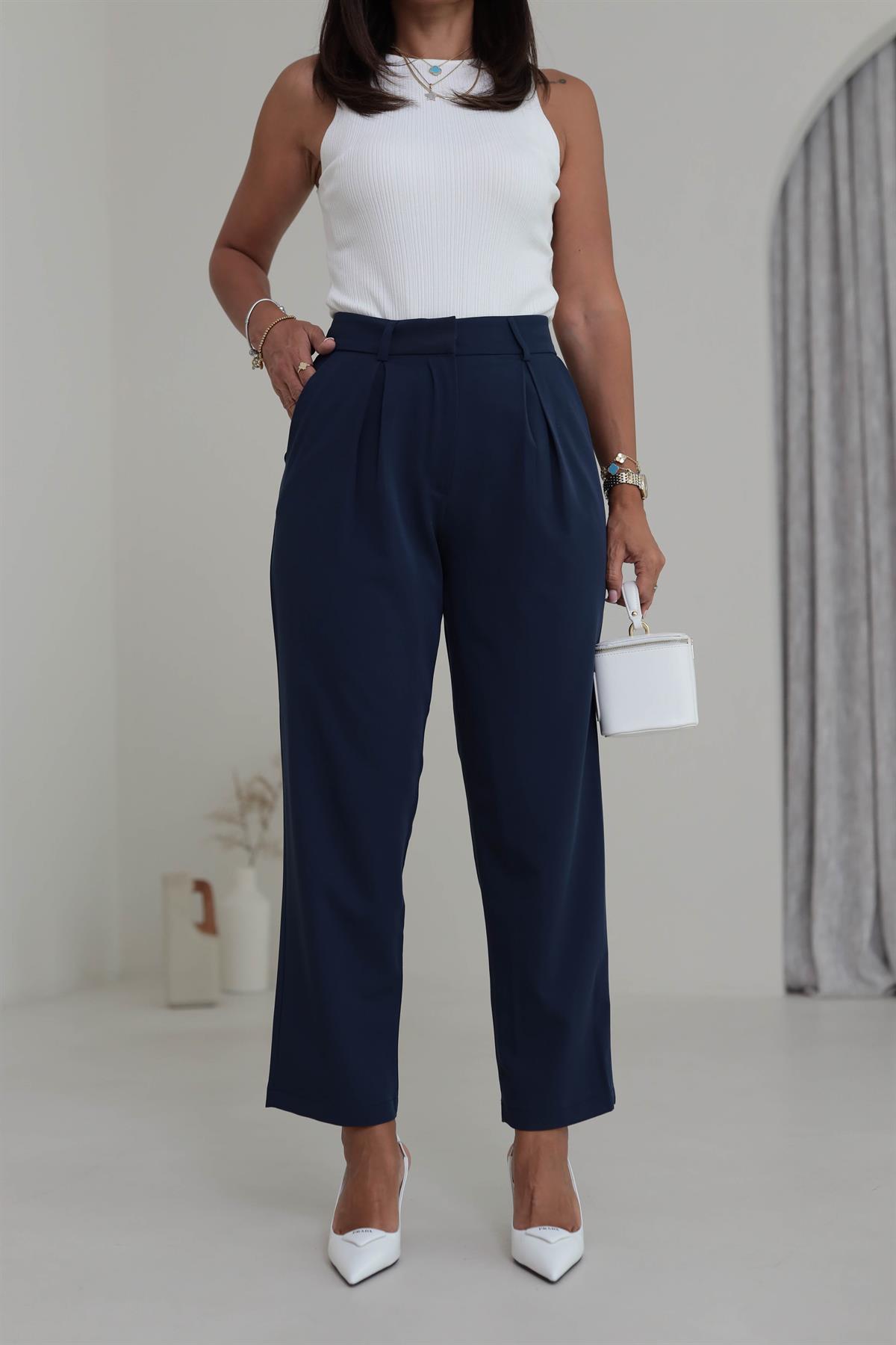 1207 Pile Detaylı Havuç Pantolon LACİVERT