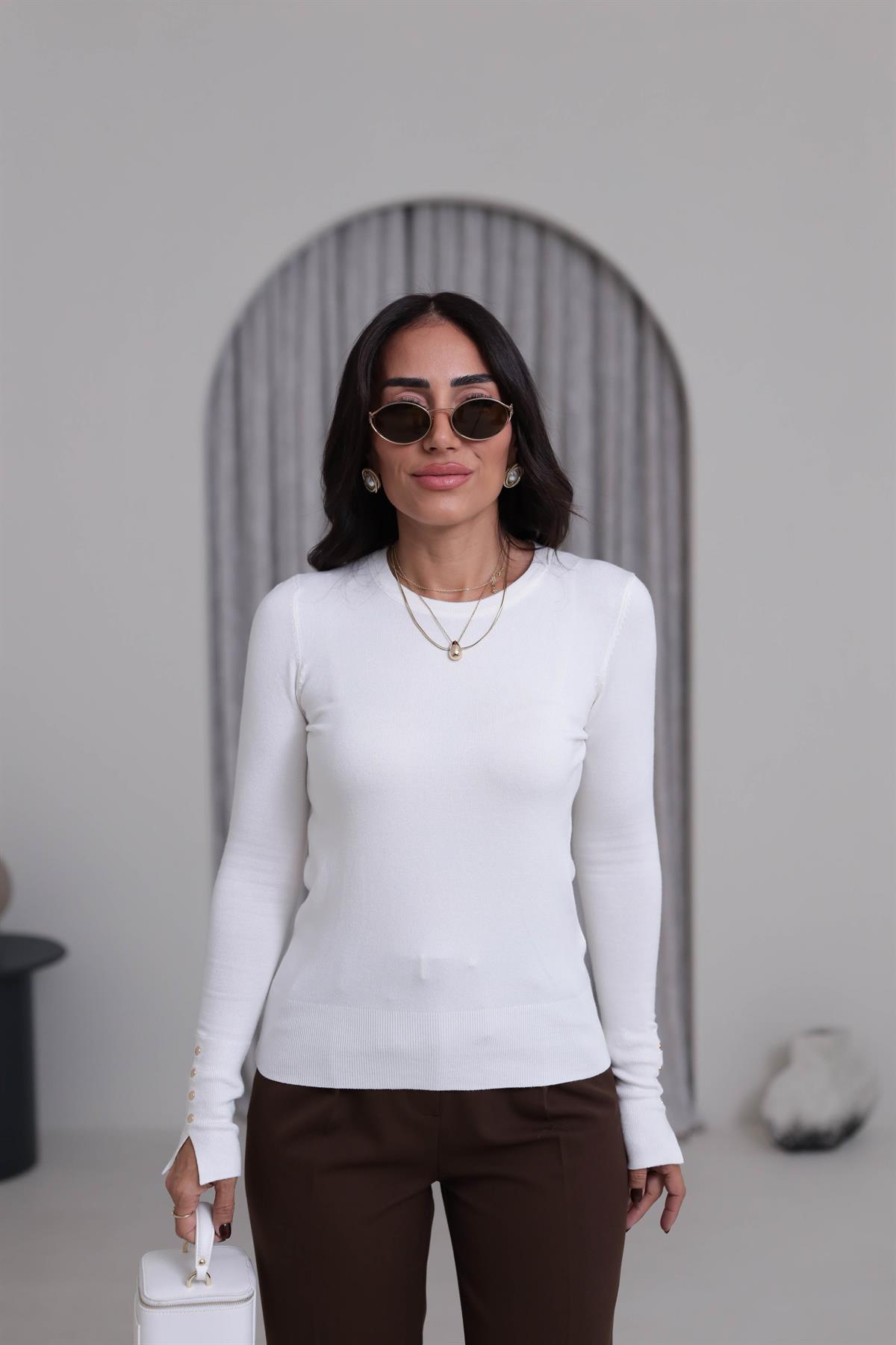 1267 Bisiklet Yaka Droplu Triko Kazak EKRU