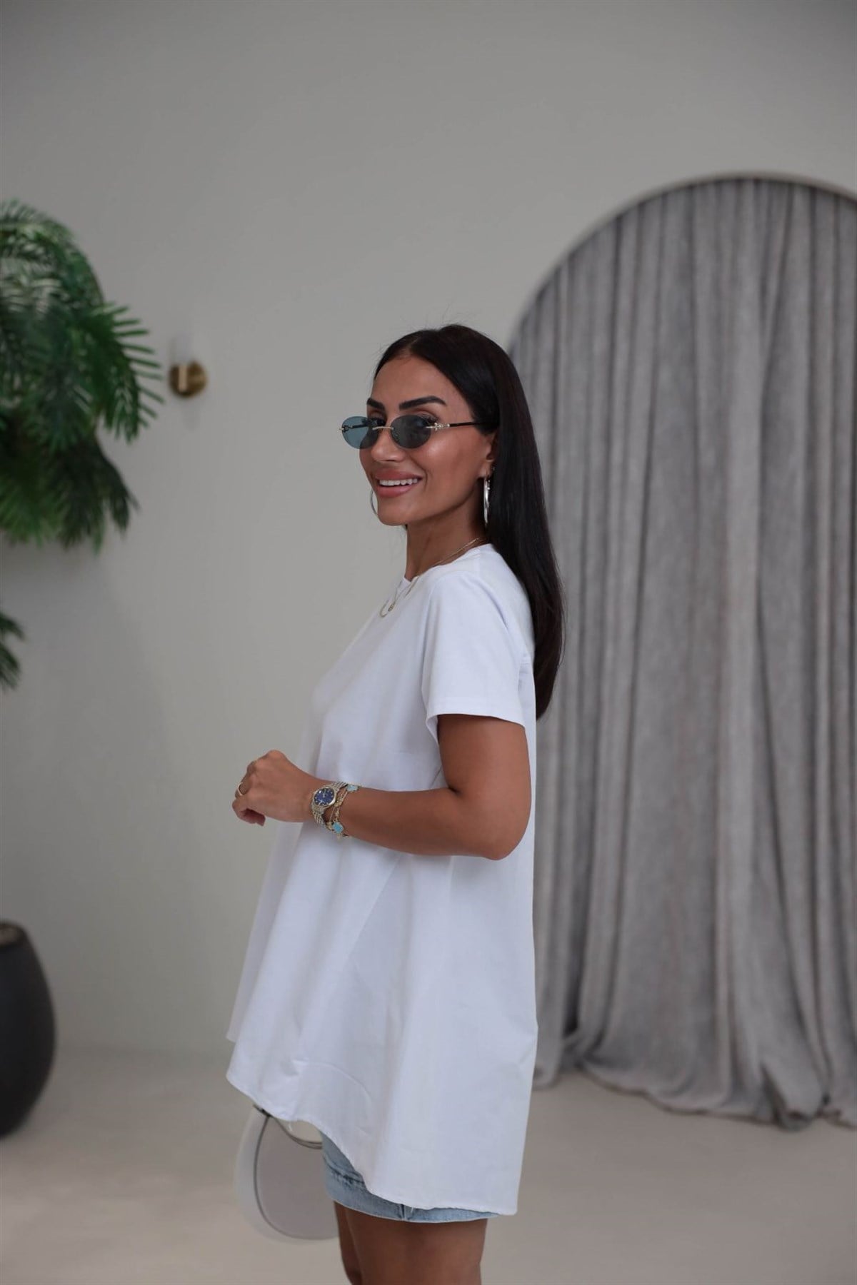 8745 Poplin Kumaş Garnili Bisiklet Yaka Tshirt BEYAZ