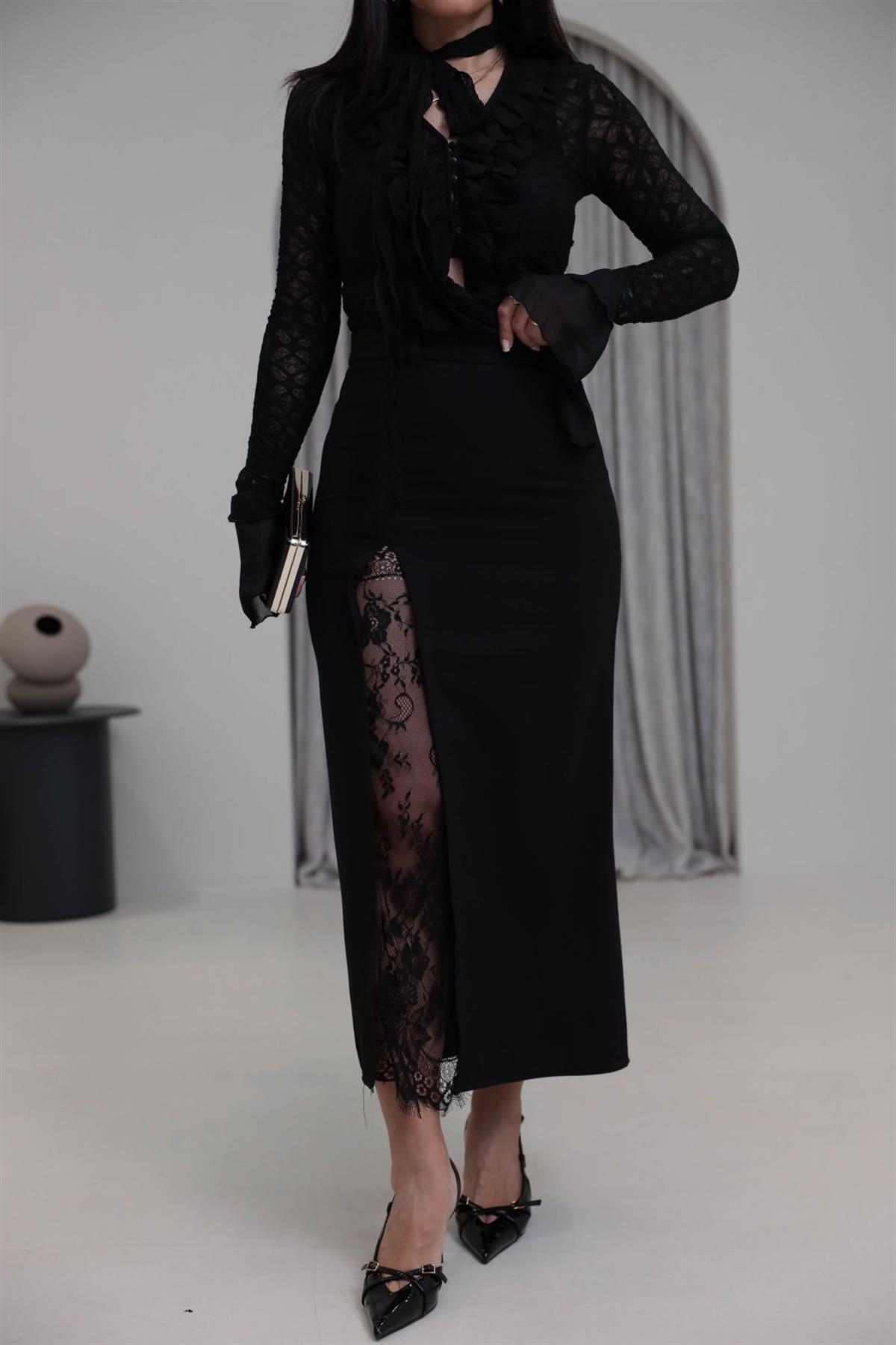 1017 Dantel Yırtmaçlı Kumaş Etek SİYAH