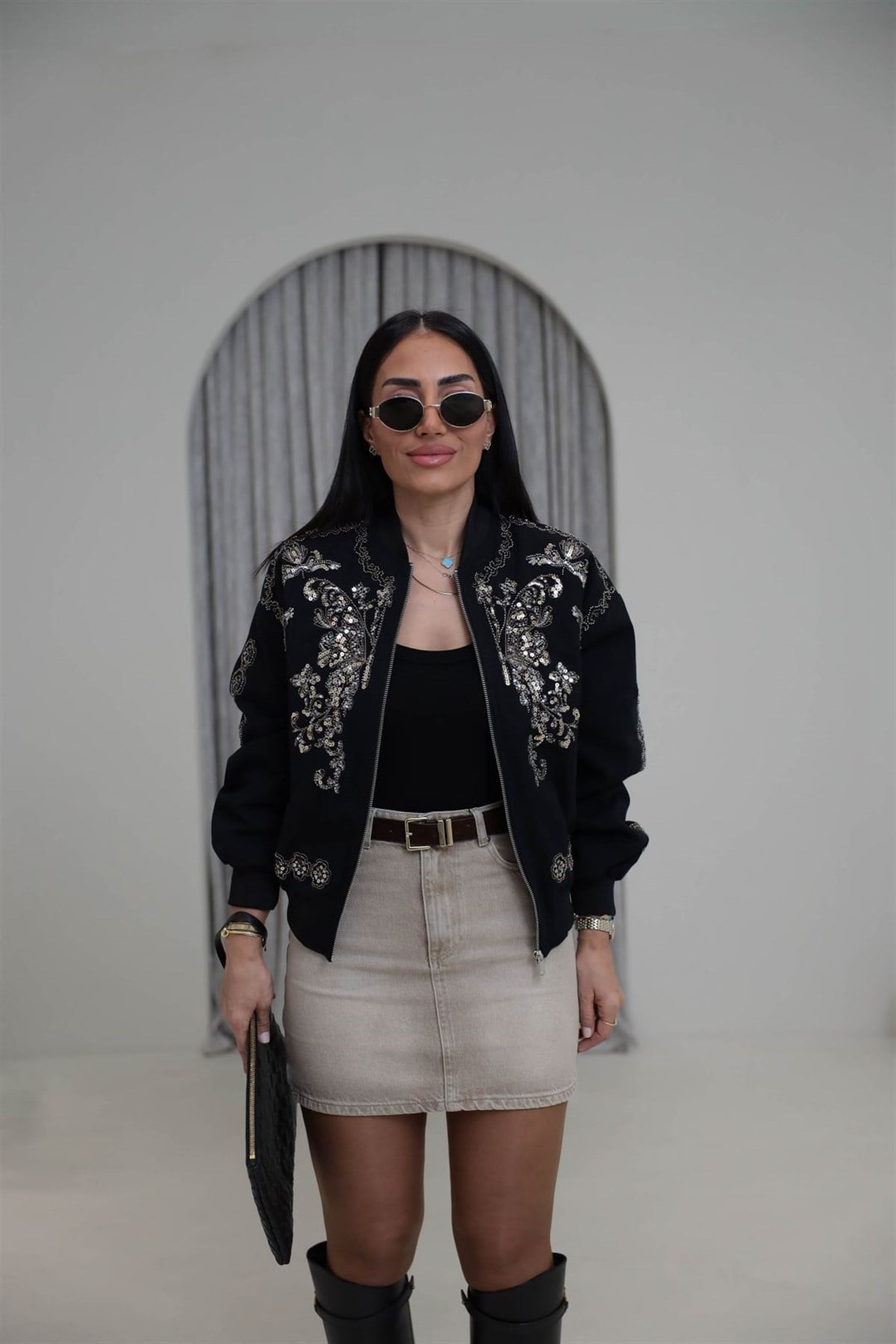 9928 Pul ve Boncuk İşlemeli Bomber Ceket SİYAH