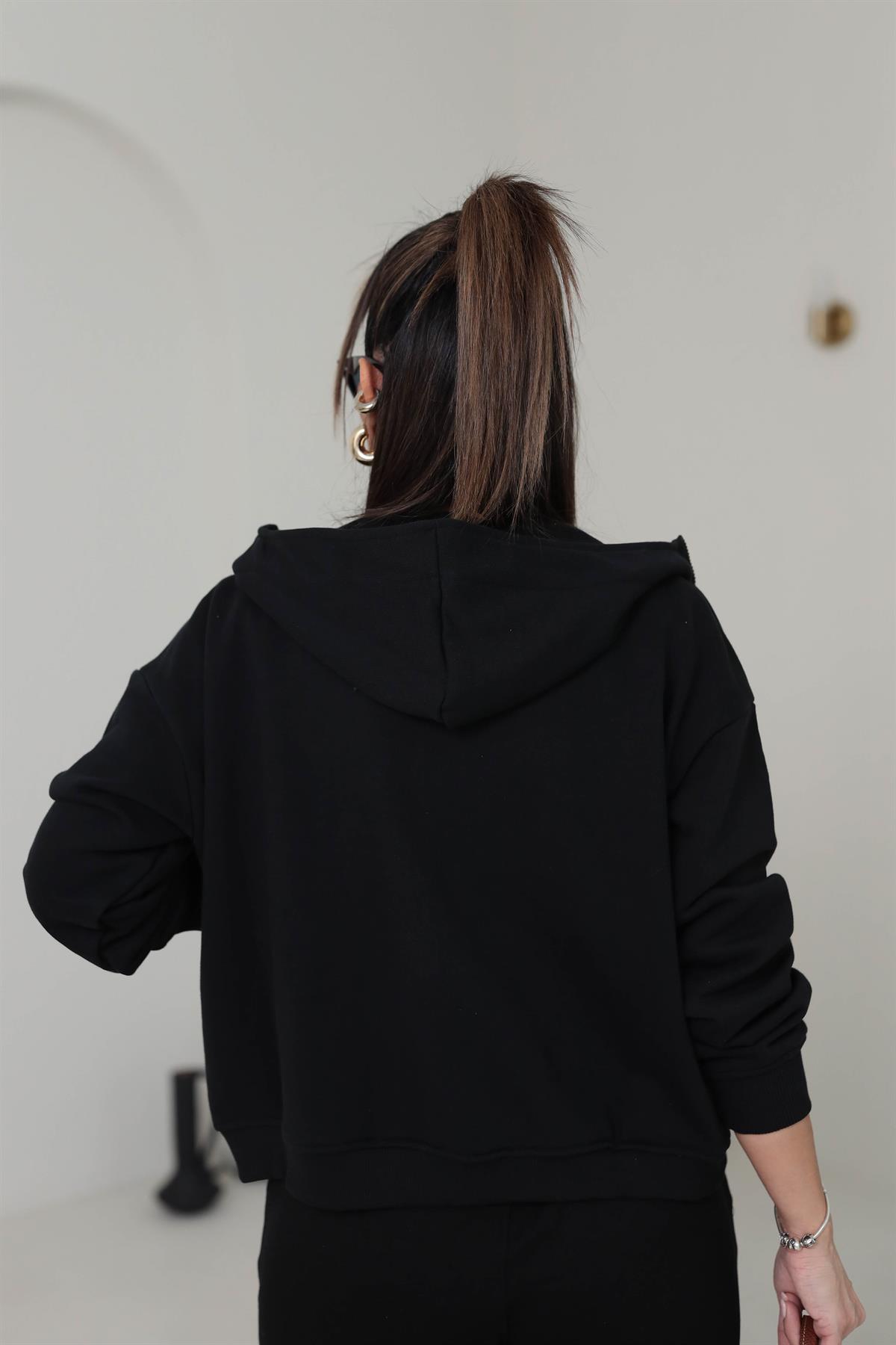 1234 Kolları Ribanalı Kapşonlu Ve Fermuarlı Sweatshirt SİYAH