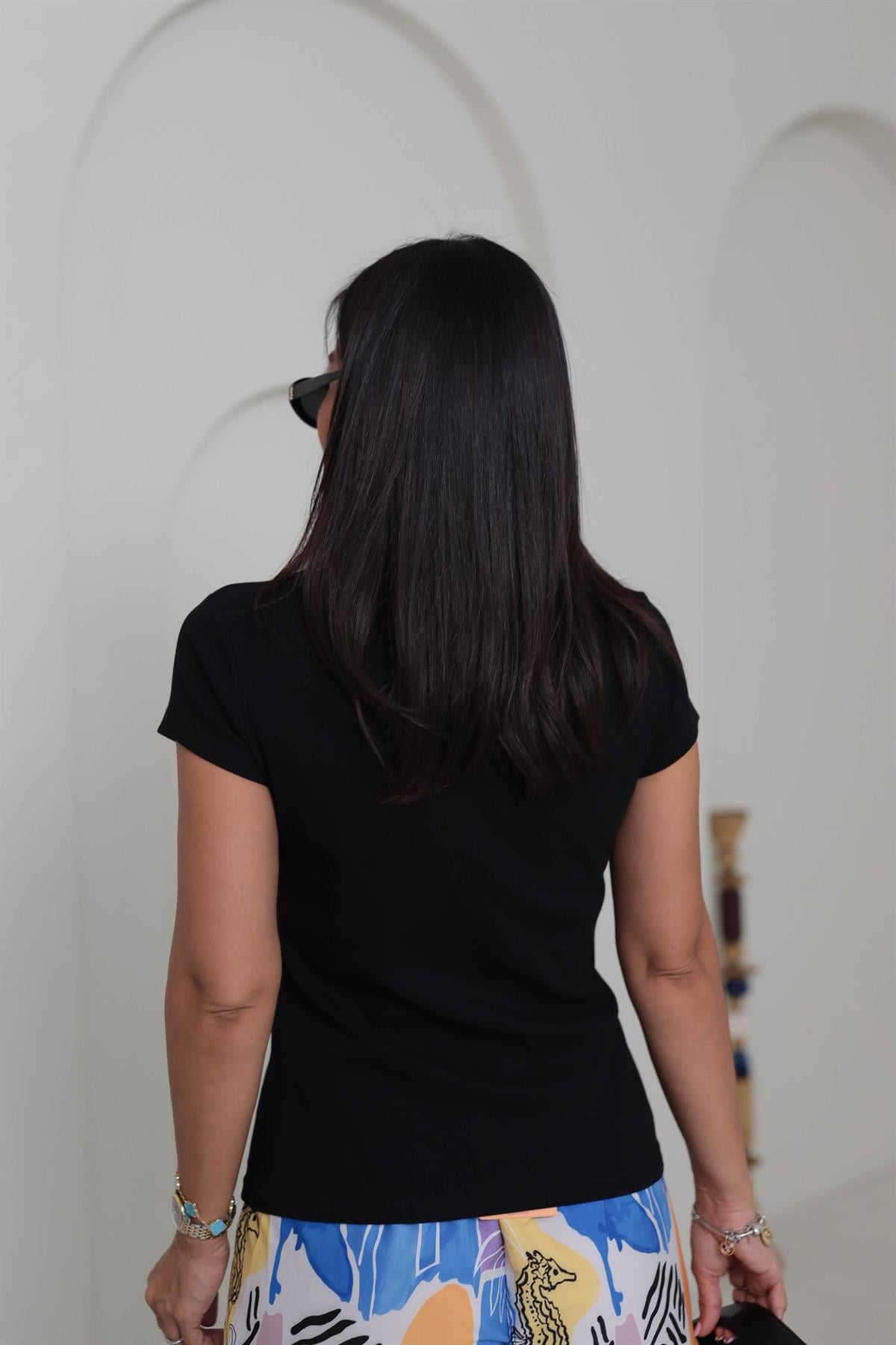 6773 Ribanalı V Yaka Kısa Kol Bluz SİYAH