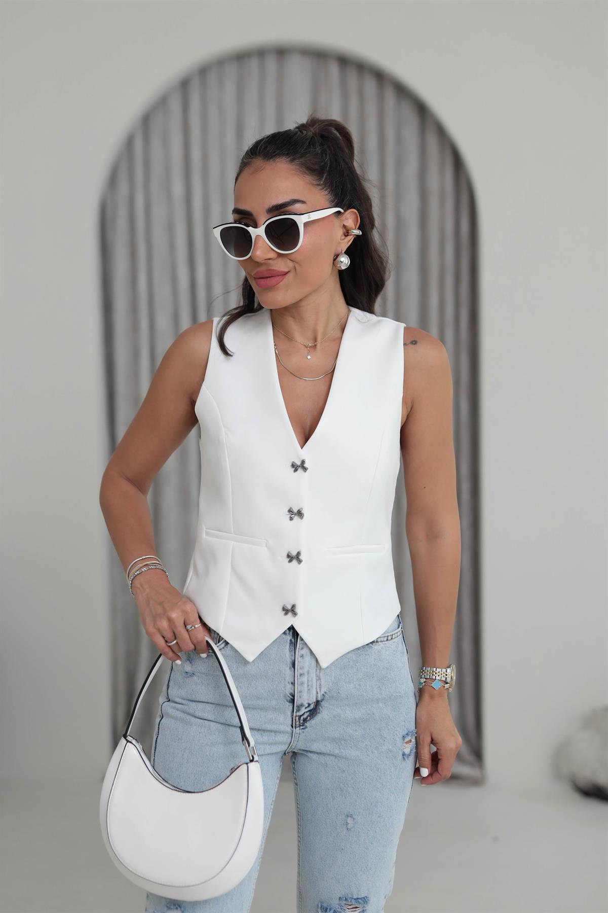 0464 Gümüş Fiyonk Düğmeli Double Yelek BEYAZ