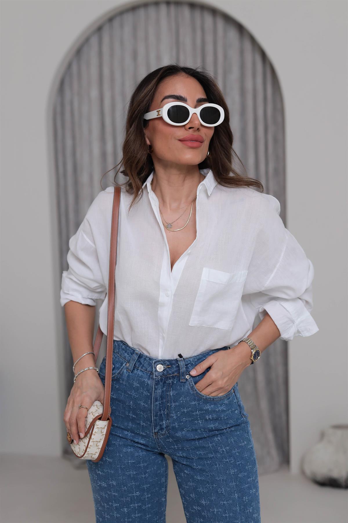 4294 Cep Detaylı Pamuklu Dokulu Gömlek BEYAZ