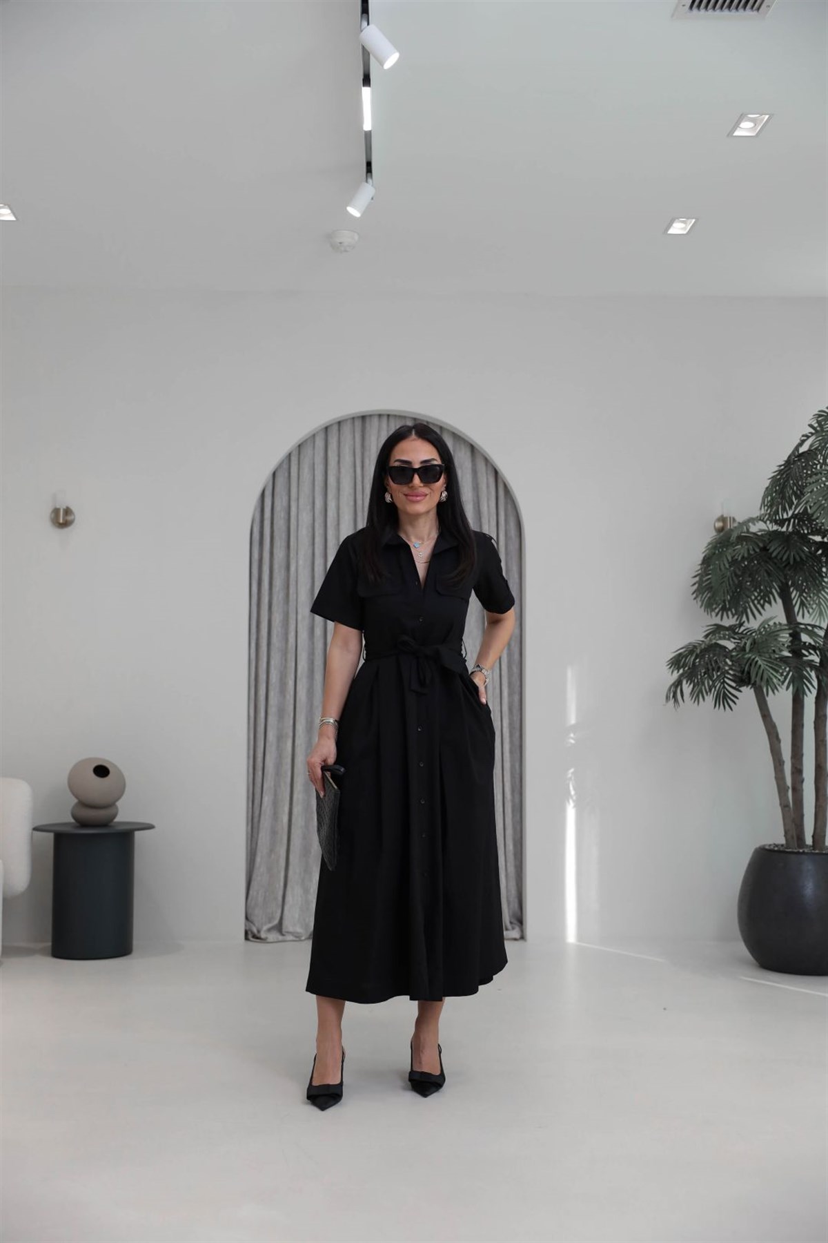 0165 Cep Kapaklı Kuşaklı Kısa Kol Kloş Elbise SİYAH