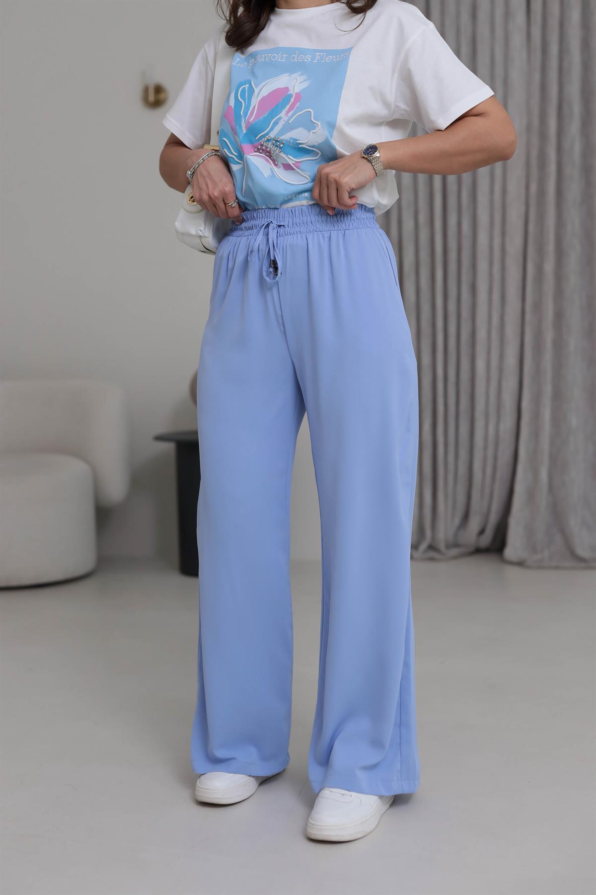 0858 Bel Lastikli Döküm Palazzo Pantolon BEBE MAVİ