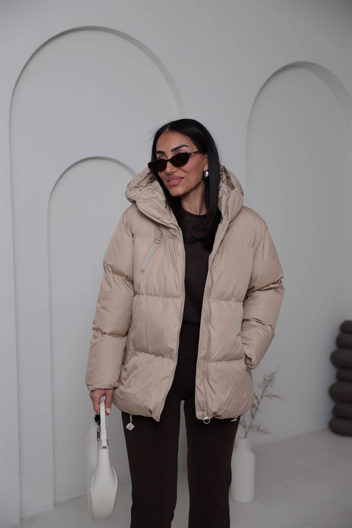 2158 Fermuar Cep Detaylı Şişme Mont BEJ