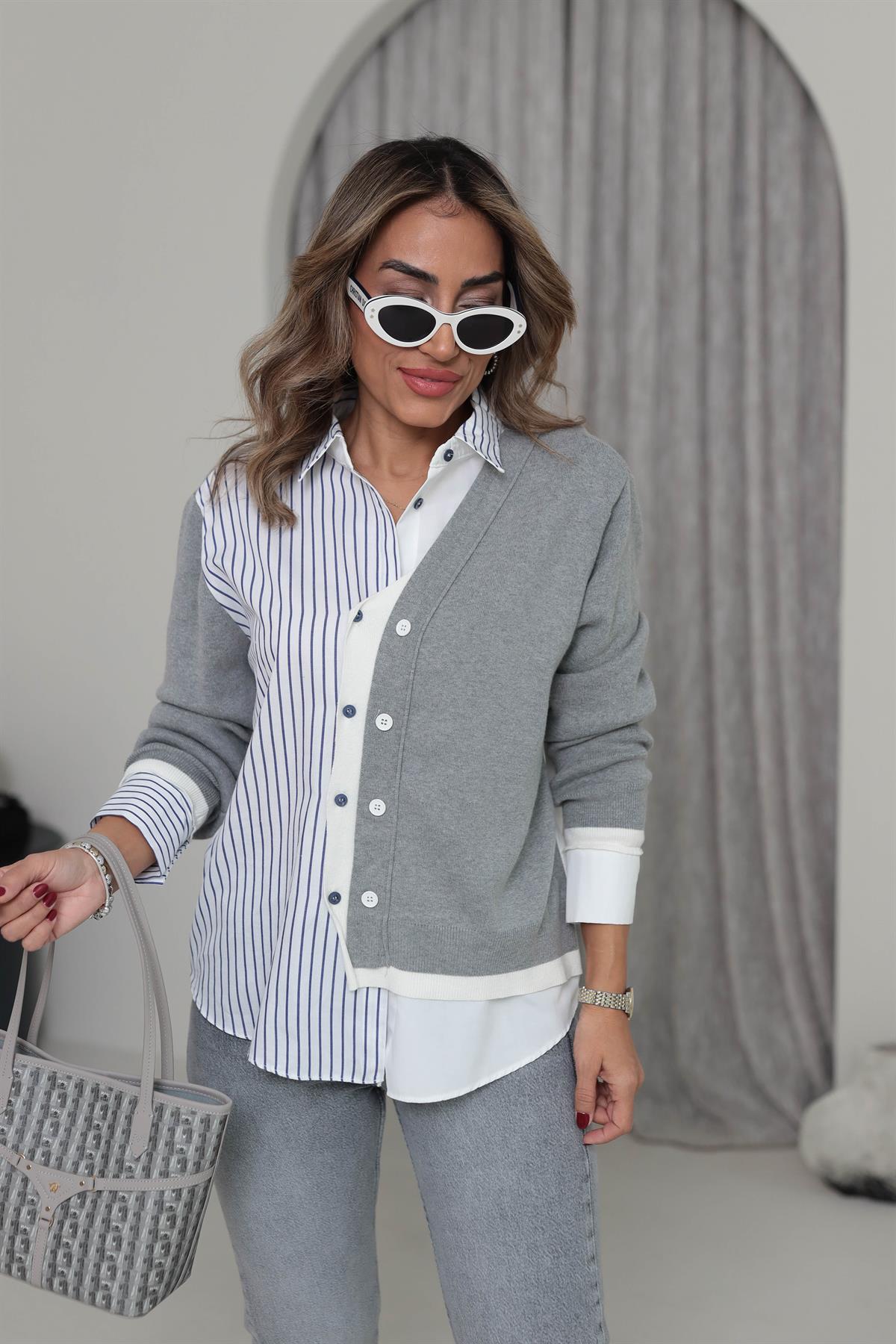 8912 Triko Garnili Manşetli Gömlek