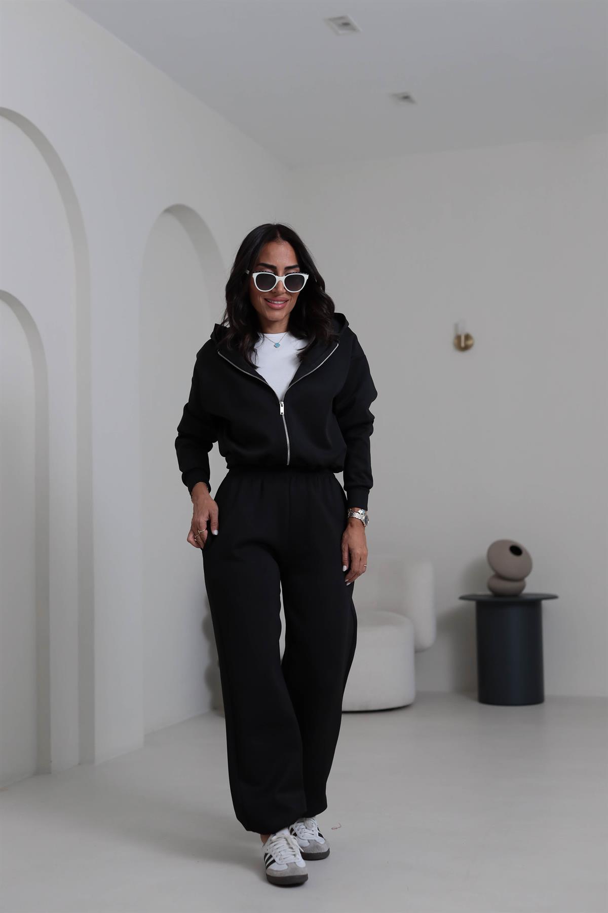 4202 Kapşonlu Büzgü Detay Scuba Takım SİYAH