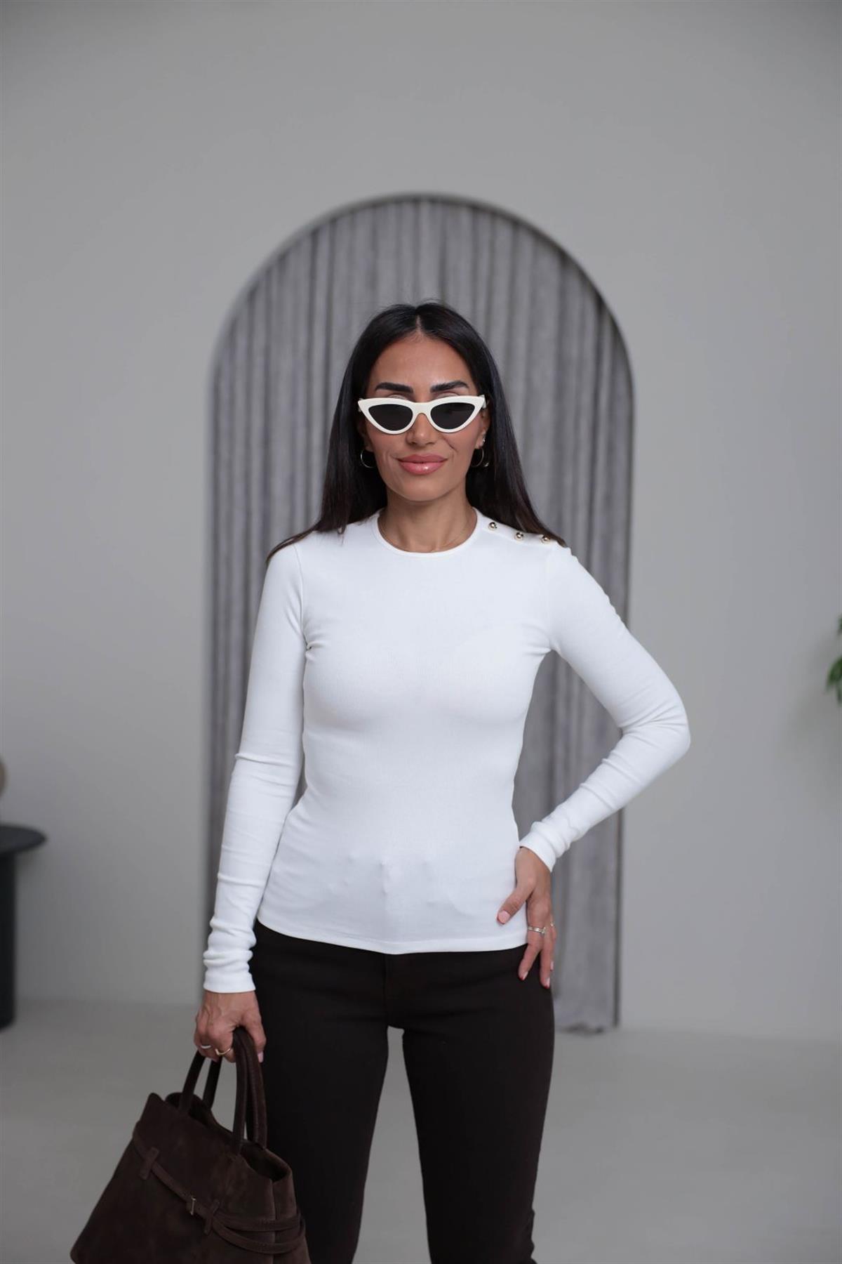 7245 Omzu Düğmeli Fitilli Bluz EKRU