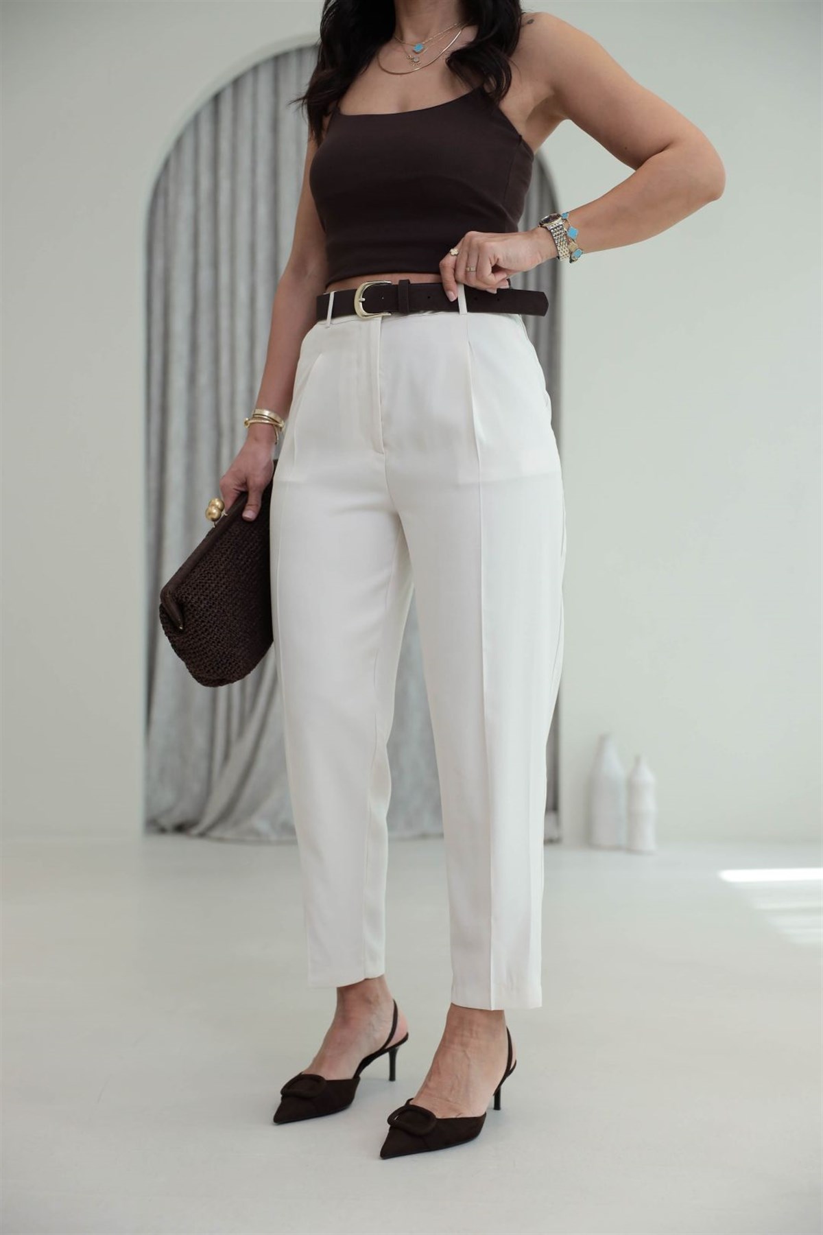 7544 Kemer Detaylı Tencel Kumaş Smart Pantolon KREM