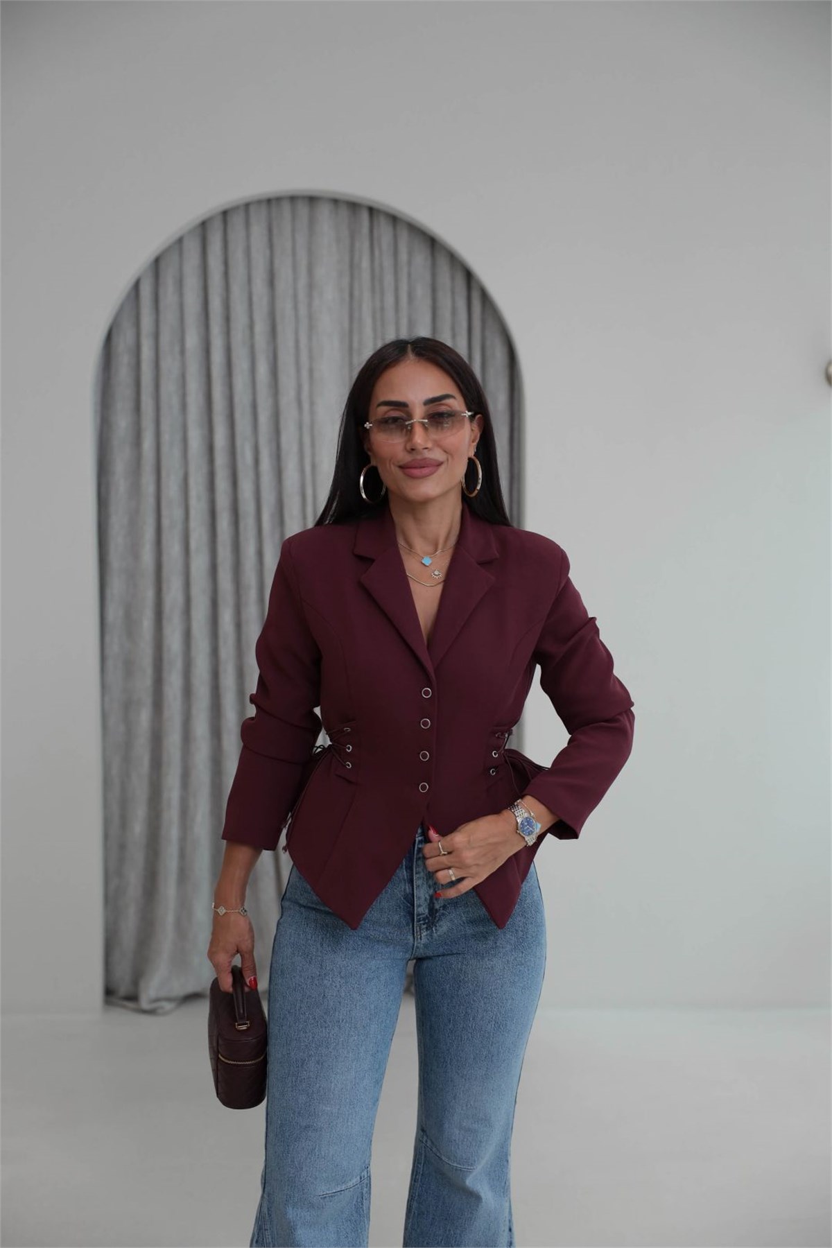 2965 Korse Detaylı Vatkalı Ceket MÜRDÜM